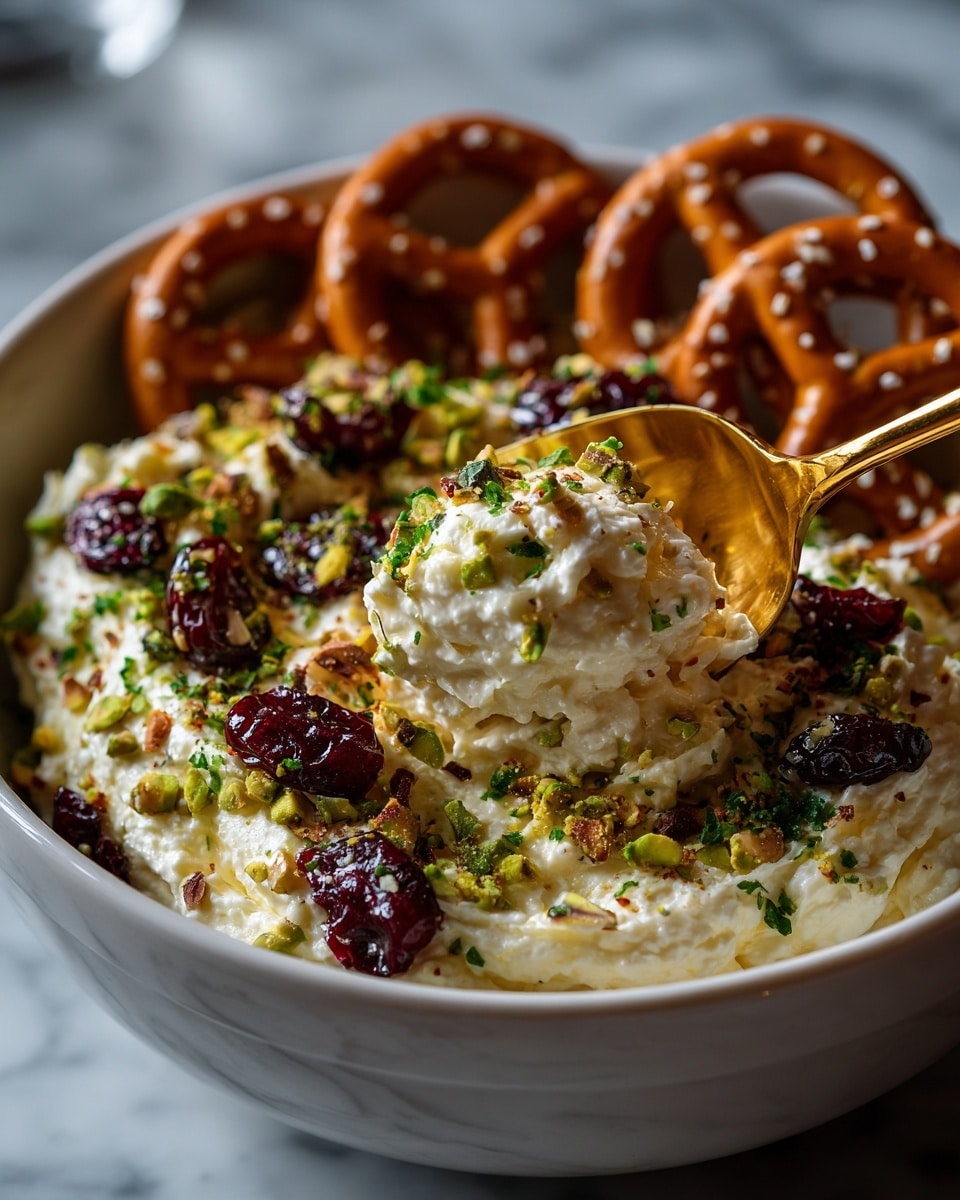 A white bowl filled with a layer of creamy white ricotta cheese topped unevenly with bright red dried cranberries, chopped green pistachios, and golden honey drizzled over the top, with some glossy brown pretzels placed around the edges and one pretzel dipped in the cheese near a golden spoon resting in the bowl, all set on a white marbled surface. Photo taken with an iphone --ar 4:5 --v 7