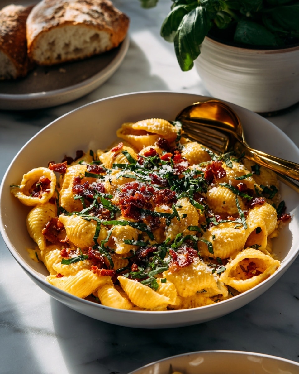 A bowl filled with pasta shells coated in a rich, creamy orange sauce, topped with green fresh basil leaves and small crispy red pieces scattered on top. The pasta sits in the center of the bowl with a bit of grated cheese sprinkled over it. Two gold-colored spoons rest beside the pasta inside the bowl. The bowl is white and placed on a white marbled surface. In the background, there is a bowl filled with green leaves and a piece of bread with a bite taken showing a soft inside. The scene is warmly lit, highlighting the textures of the pasta and the fresh ingredients photo taken with an iphone --ar 4:5 --v 7