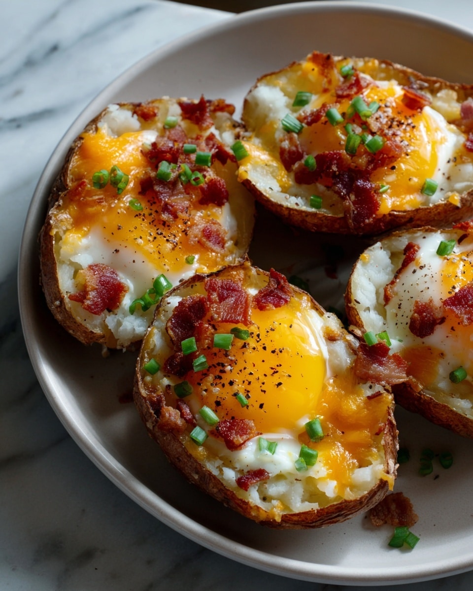 The image shows four baked potato halves arranged on a white rectangular tray. Each potato is filled with a fluffy, pale yellow mashed potato layer placed inside the brown, crispy potato skin. On top of this filling is a layer of melted bright orange cheddar cheese, sprinkled unevenly. Small pieces of crispy, dark reddish-brown bacon bits are scattered over the cheese. A few pieces of chopped green onion add a fresh green color contrast on each potato. One potato half stands out with a cooked egg in the center, its white slightly firm and the yolk bright yellow and partially runny, dusted with a bit of black pepper. The tray sits on a white marbled surface with a soft cloth and some wooden boards blurred in the background. Photo taken with an iphone --ar 4:5 --v 7
