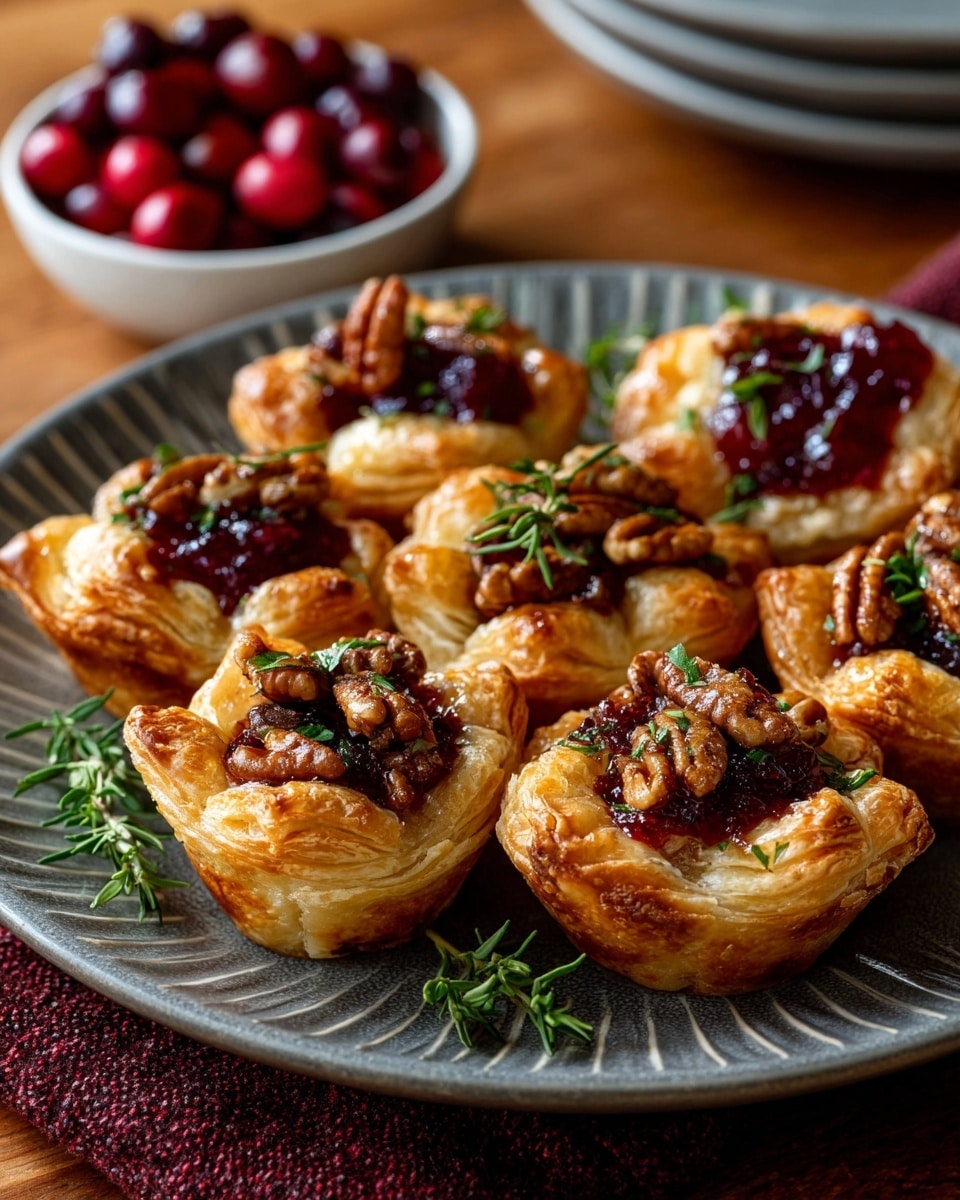 The image shows a white round plate with seven golden brown pastry cups arranged on it, each having layers of flaky, crispy dough forming the outer shell. Inside the pastry cups are dollops of glossy dark red cranberry sauce mixed with small deep red cranberry pieces. On top of each cup, whole pecan nuts are placed alongside small green sprigs of thyme as garnish. The plate is on a wooden surface with a part of a white bowl filled with fresh cranberries visible on the side, and a red cloth with lace edges partially visible at the bottom. The texture of the pastries looks light and flaky with some sparkling sugar crystals on top. photo taken with an iphone --ar 4:5 --v 7