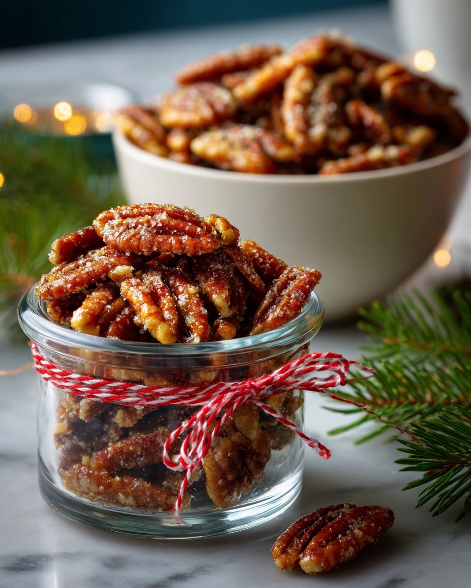 A clear glass jar filled with a pile of candied pecans coated in a light brown sugar and spice mix. The jar is tied around the neck with a red and white striped string bow. Next to it, there is another glass jar partially visible with more pecans inside, and in the background on the right, there is a white bowl filled with more of the same pecans. The surface is a white marbled texture with a small pine branch at the bottom right corner, and a few pecan pieces scattered on the surface in front of the jar. The overall look is warm and festive. photo taken with an iphone --ar 4:5 --v 7