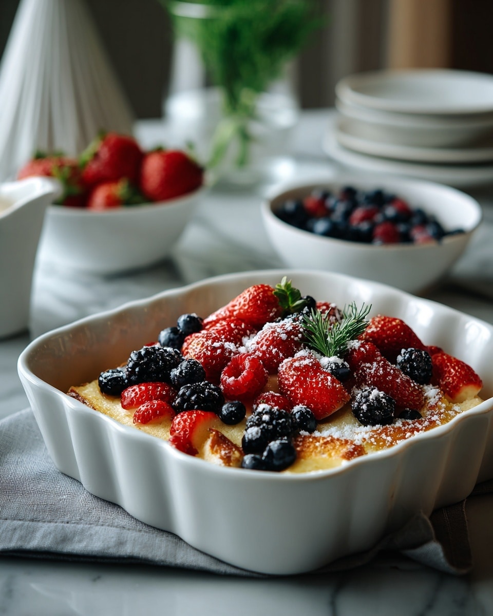 A close-up view of a baked fruit dish in a white baking dish with a slightly scalloped edge and red outside. The top layer shows a mix of halved bright red strawberries with green tops, whole dark blueberries, and blackberries scattered over a golden baked crust that looks soft and slightly bubbly. Small white powdered sugar sprinkles are visible on the fruits and crust. The background shows bowls of red and dark berries out of focus on a white marbled surface. photo taken with an iphone --ar 4:5 --v 7