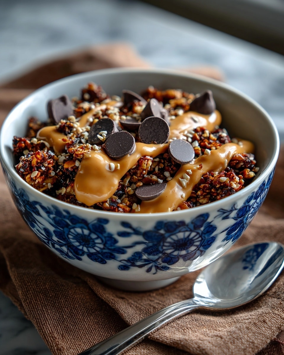 A white bowl with blue flower patterns is filled with a layer of dark brown granola that looks crunchy. On top, a smooth light brown peanut butter sauce is drizzled unevenly. Scattered on and around the peanut butter sauce are large, dark chocolate chips. The bowl sits on rough burlap over a white marbled surface. A silver spoon is placed nearby. In the background, there is a blurred white bowl with blue trim and a bright yellow item. photo taken with an iphone --ar 4:5 --v 7