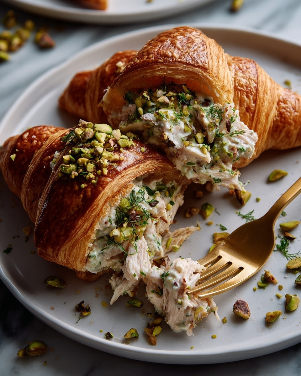 A golden brown croissant is placed on a white plate with a white marbled surface underneath. The croissant is opened, showing a creamy chicken salad inside with visible chopped pistachios, green herbs, and dark raisins mixed in. A gold fork rests on the plate near some spilled salad pieces. Parts of two more croissants and a white plate with more salad are visible in the background. Photo taken with an iphone --ar 4:5 --v 7