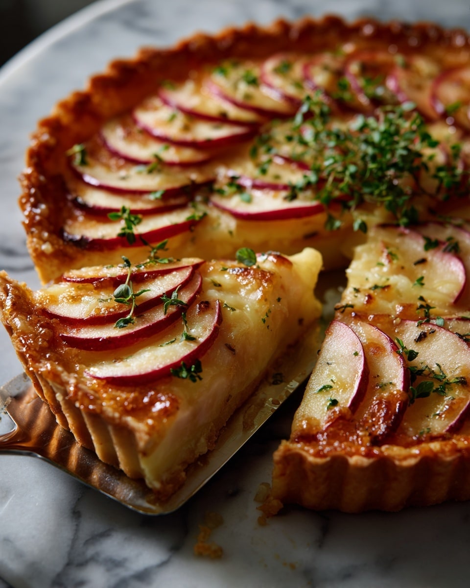 A golden brown flaky pastry with many thin, crispy layers folds outward from the center, where thin slices of red apple are arranged in a fanned pattern on top of a creamy, slightly melted white layer, sprinkled with small green herb leaves. The pastry sits on white marbled texture, and a metal spatula with a wooden handle is lifting one slice from the tart. A few green thyme sprigs are scattered around the tart edge. photo taken with an iphone --ar 4:5 --v 7