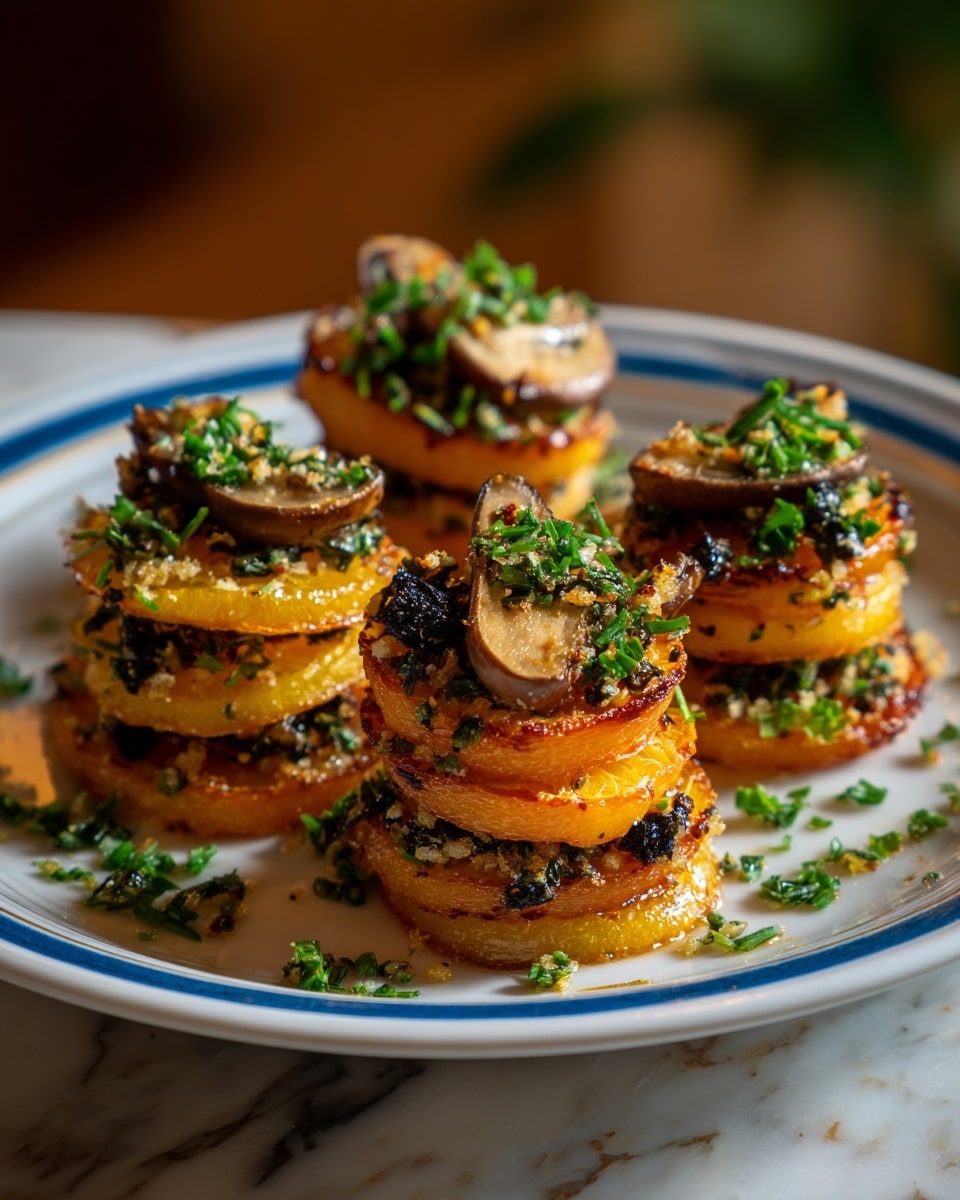 The image shows several small stacks of thinly sliced orange sweet potatoes, arranged like roses with many delicate layers. Each stack is golden brown with crispy edges and some darker baked spots, topped with small green herb sprigs and a slice of browned mushroom on some. The round stacks sit close together on a white plate with a blue rim, all placed on a white marbled textured surface. The lighting highlights the layers and crispiness, making the sweet potato stacks look warm and tasty. photo taken with an iphone --ar 4:5 --v 7
