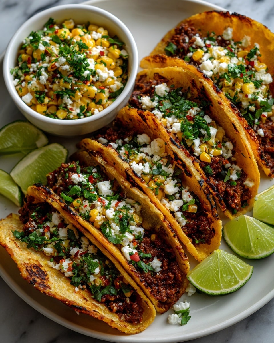 Six tacos are arranged on a large white plate with lightly charred white corn tortillas as the base. Each taco has a bottom layer of browned ground meat, topped with a colorful, creamy corn salad made of yellow corn kernels, green herbs, and white crumbled cheese scattered on top. In the middle of the plate is a small white bowl filled with the same corn salad, garnished with bright green lime wedges placed beside it. The plate sits on a white marbled surface with some scattered chili flakes and lime wedges around. The overall scene shows vibrant colors and textures with warm tones from the tortillas and meat, contrasting with the fresh, bright corn salad and lime slices. photo taken with an iphone --ar 4:5 --v 7