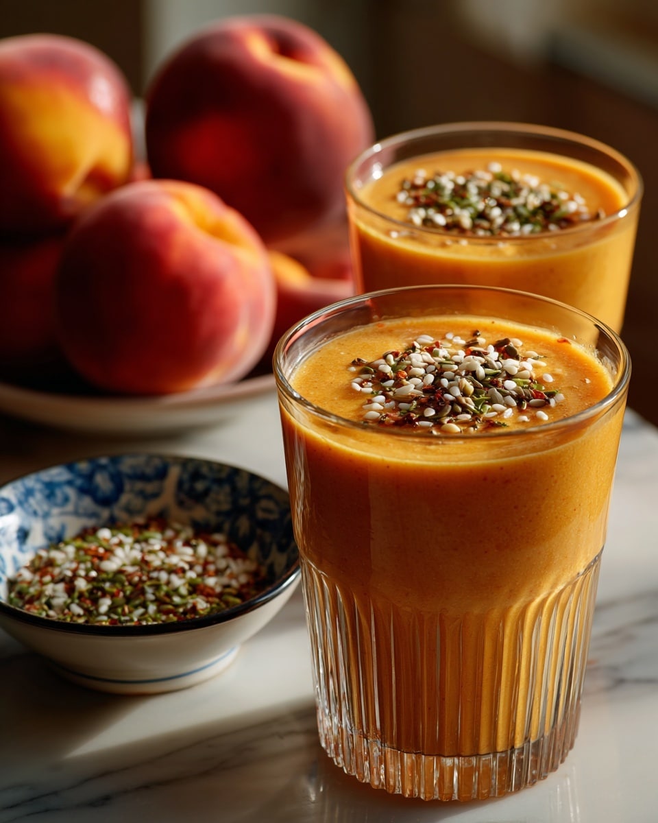 The image shows two small clear glasses filled nearly to the top with a thick, creamy peach-colored smoothie. The smoothie has a slightly rough texture and is sprinkled with light tan seeds on top. In the background, two whole peaches with red and orange skin sit on a white marbled surface. In the foreground, there is a small white bowl with blue decorative patterns containing similar light tan seeds. A soft blue cloth is partially visible on the right side. The setting is bright with warm natural light. photo taken with an iphone --ar 4:5 --v 7