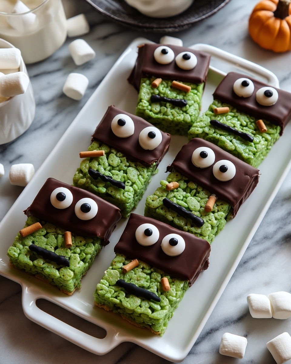 The image shows six rectangular rice crispy treats on a white plate with handles. Each treat is bright green with a bumpy texture. The top part of each treat is coated with smooth dark brown chocolate, resembling hair. Two large round white candy eyes with black centers are placed near the top in the green area. Each treat has a black icing mouth with different expressions drawn on the green part below the eyes. A small brown stick is inserted on each side of the rectangle, looking like bolts. The plate rests on a white marbled surface with a gray and white striped cloth partially visible nearby. Photo taken with an iphone --ar 4:5 --v 7