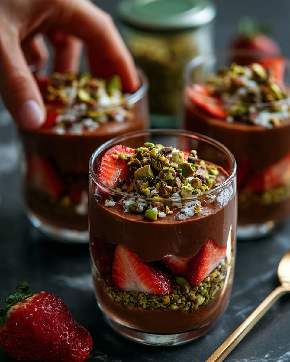 The image shows three clear glasses filled with layered dessert placed on a white marbled surface. Each glass has several layers starting with a green textured layer at the bottom, followed by a layer of fresh red strawberry slices. Above the strawberries, there is a rich smooth layer of brown chocolate cream. The dessert is topped with a sprinkle of crushed green pistachios and some strawberry pieces for garnish. The background includes a blurred jar and two whole strawberries, enhancing the fresh and inviting look. Photo taken with an iphone --ar 4:5 --v 7