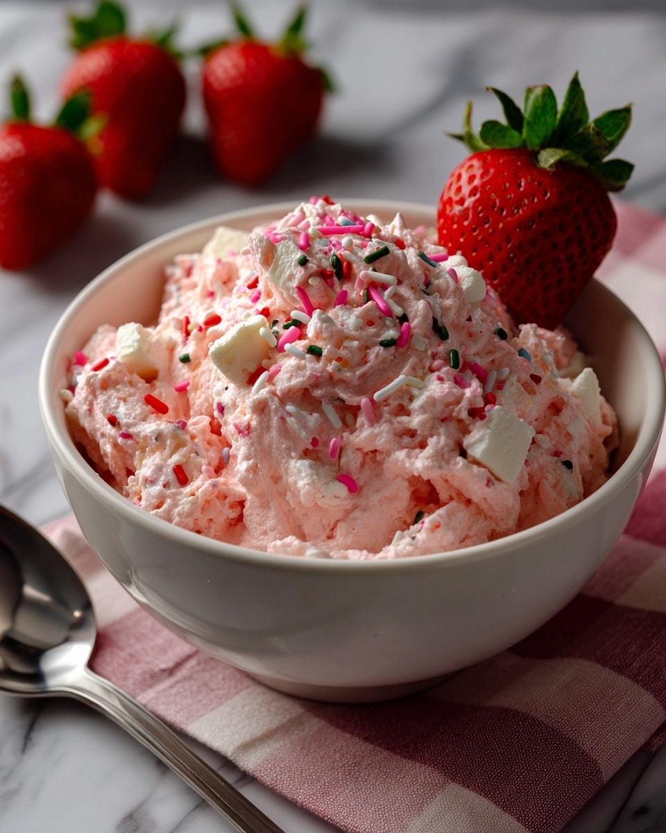 A white bowl filled with light pink creamy dessert that looks soft and fluffy, mixed with darker pink bits and white chunks inside; the top is decorated with small pink, white, and red sprinkles that add texture and color, and a whole fresh red strawberry with green leaves is placed on the edge of the bowl, all set on a white marbled surface with a pink checkered cloth underneath. photo taken with an iphone --ar 4:5 --v 7