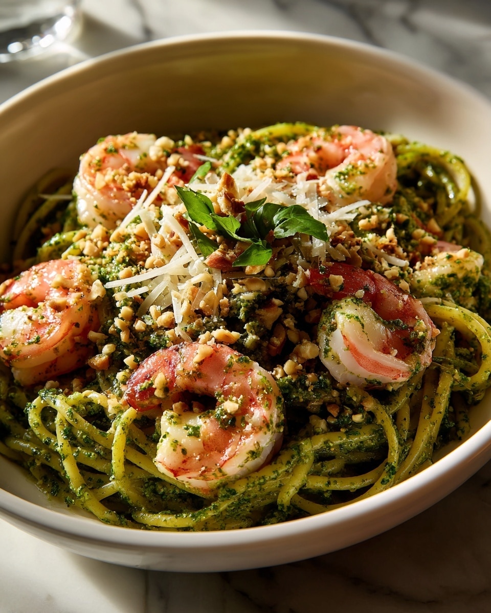 A white plate holds a serving of linguine pasta coated in a green pesto sauce, with six pink shrimp arranged evenly around the pasta. The pesto sauce gives the noodles a slightly oily and textured look with bits of crushed nuts. On top of the pasta, there are thin shreds of white cheese and more chopped nuts sprinkled lightly. The dish is set on a white marbled surface. photo taken with an iphone --ar 4:5 --v 7