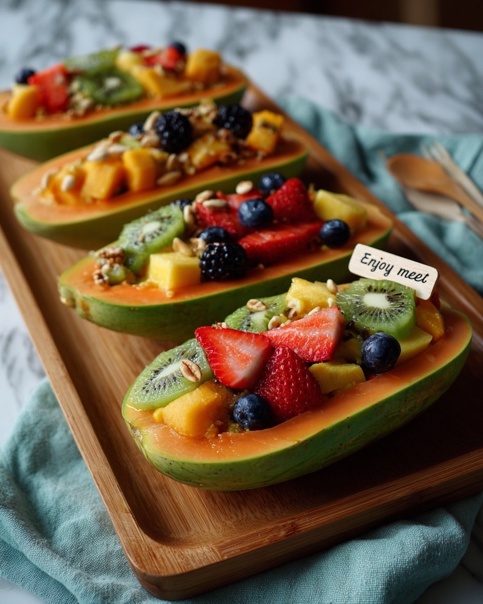 The image shows halved papayas with the middle part scooped out and filled with a colorful mix of fresh fruits including strawberries, blueberries, blackberries, raspberries, kiwi, and mango. Each papaya half rests on a light wooden board placed on a white marbled surface. One papaya half in the front is fully filled with fruit chunks and topped with white nut pieces, with a small wooden stick that says