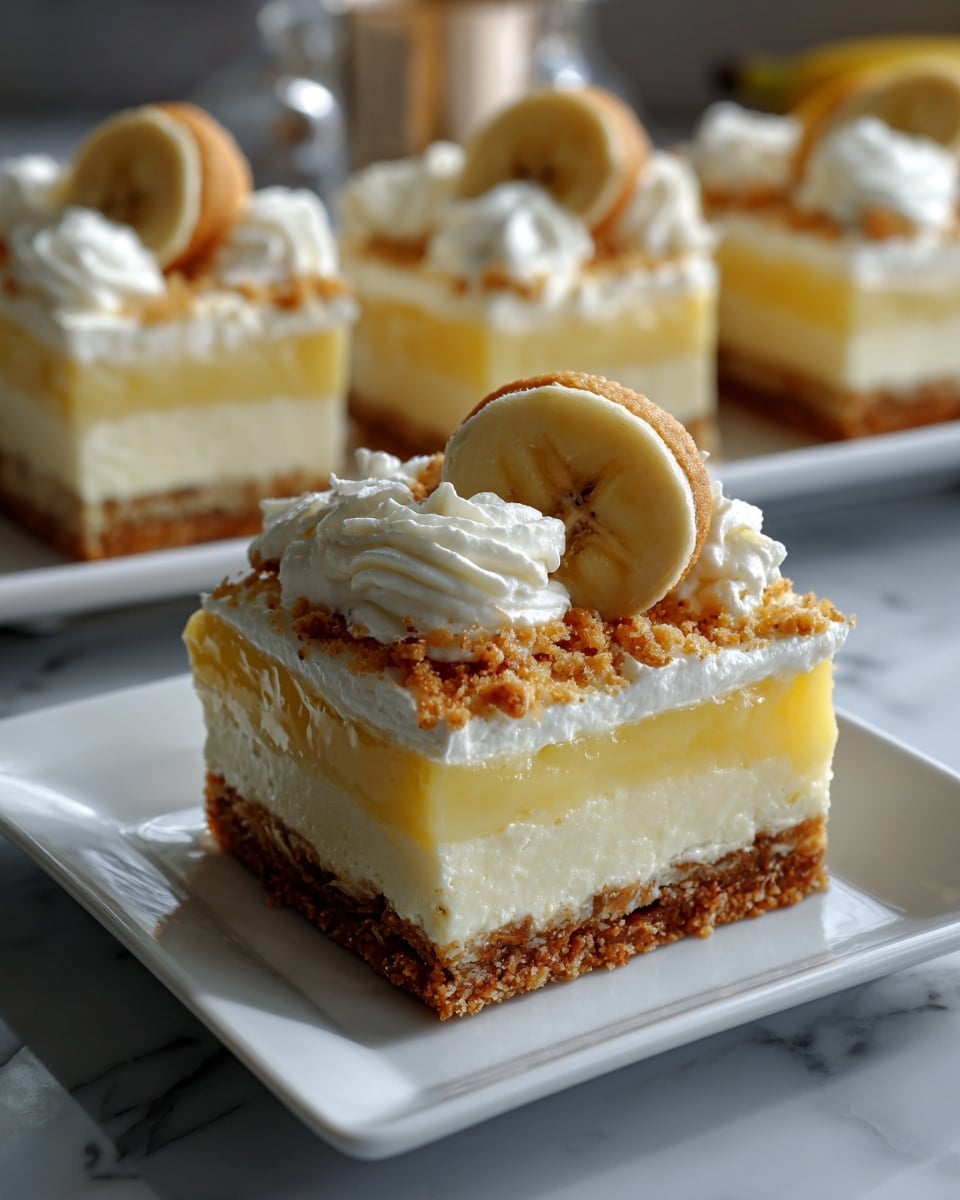 The image shows a square banana pudding dessert on a white plate with a ridged edge, placed on a white marbled surface. The dessert has four distinct layers: the bottom layer is a golden brown crumbly crust, the next layer is a thick, smooth pale yellow pudding, followed by a lighter textured layer with small pieces visible, and finally topped with a fluffy white whipped cream. On top of the dessert is a round banana slice and a golden cookie, the cookie standing vertically behind the banana slice. In the background, more pieces of the same dessert are arranged on a white rectangular plate. Photo taken with an iphone --ar 4:5 --v 7
