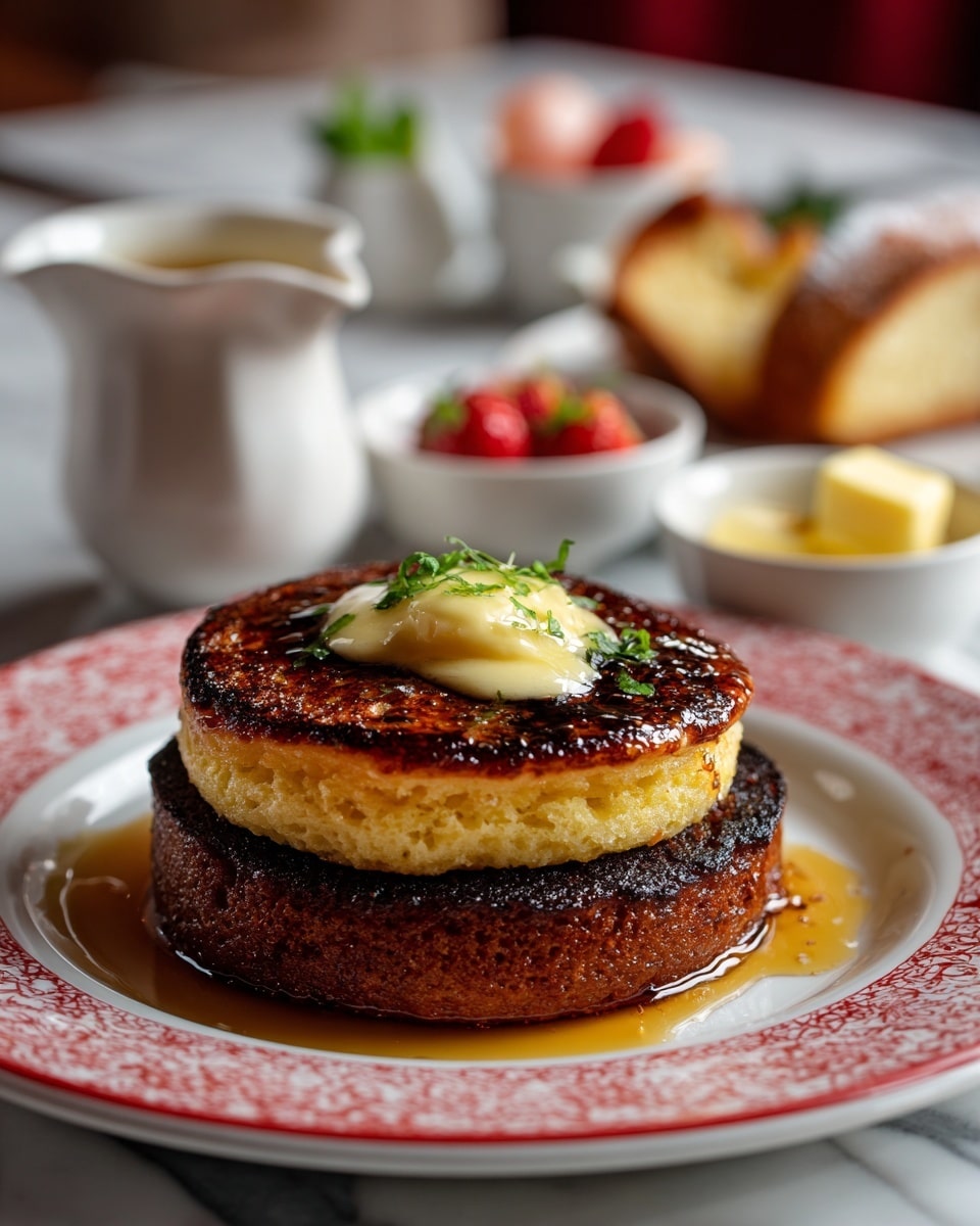 A stack of two thick pancakes sits in the center of a white plate with red scalloped edge design. The top pancake is golden brown in color with a slightly shiny, smooth texture and a small dollop of yellow butter melting at its center. The bottom pancake is darker, almost burnt black in many areas, with a firmer texture. The plate is set on a white marbled surface with soft morning light casting gentle shadows. In the background, blurred kitchen objects include a small white bowl of bright red strawberry sauce, a small white pitcher, and a clear glass filled with yellow pineapple chunks. A stainless steel knife and a block of butter rest on the right side at the front, and a striped cloth is draped on the left. photo taken with an iphone --ar 4:5 --v 7