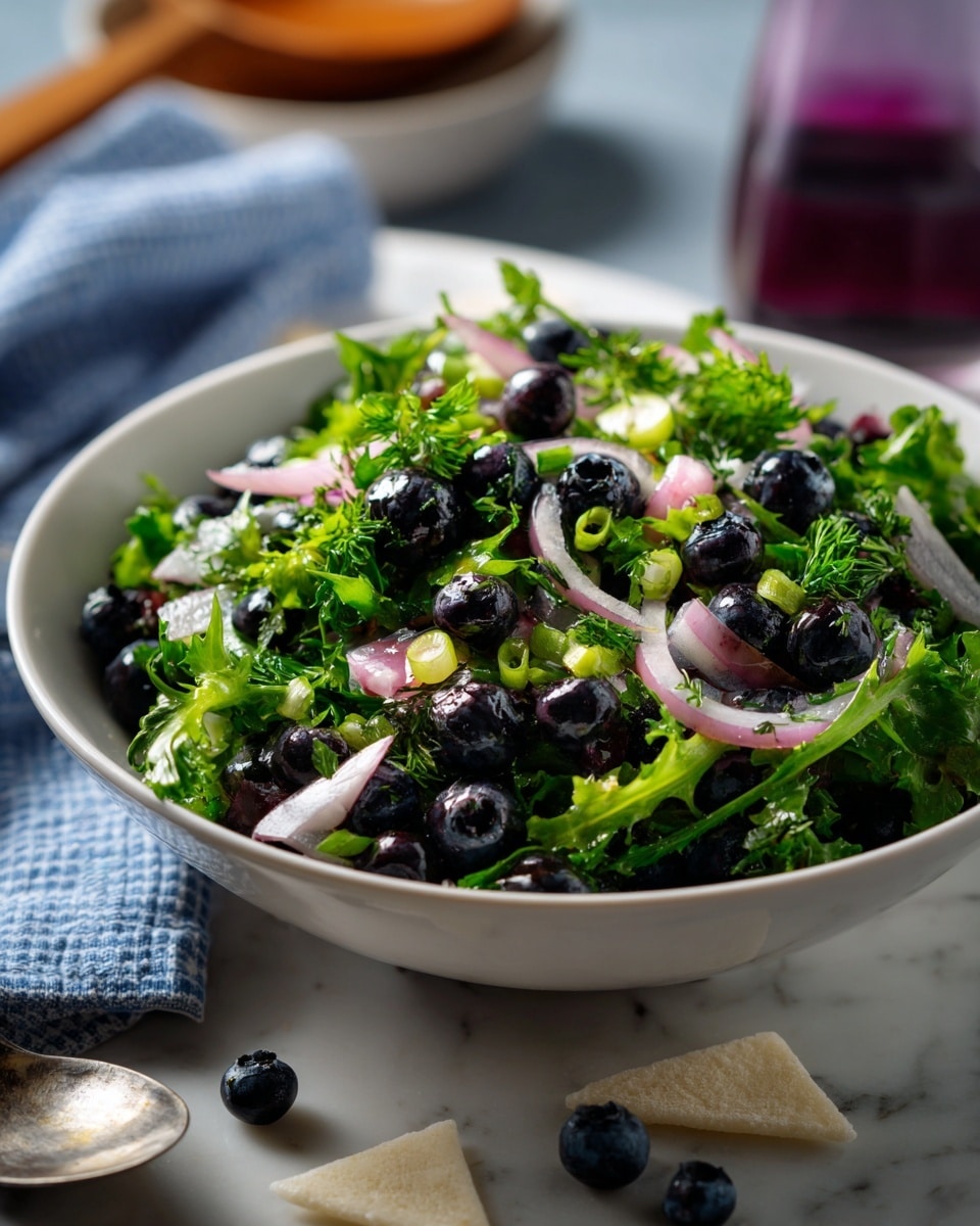 A white bowl filled with a fresh mix of blueberries, small pieces of green leaves, and bits of pink onion, all mixed together with a glossy sauce. Around the bowl on a white marbled surface, there are a few scattered blueberries and blue corn chips topped with the same blueberry mix. In the background, a bottle with a purple label is slightly out of focus, along with a white and blue cloth. The overall colors show deep blue, green, pink, and white tones. Photo taken with an iphone --ar 4:5 --v 7