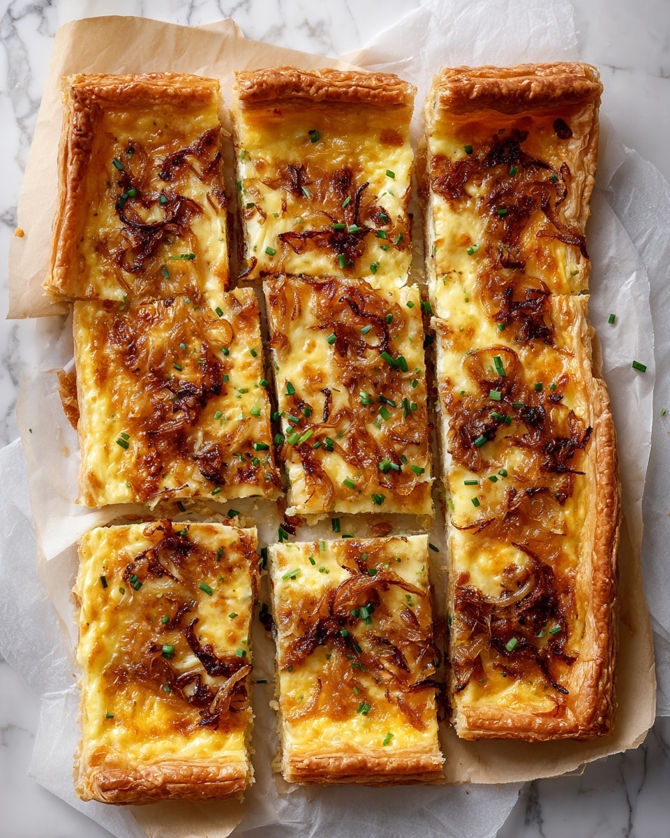 A rectangular tart cut into nine pieces sits on a piece of brown parchment paper over a white marbled surface. The tart has a golden brown, flaky crust forming a thin border around the edges. The top layer is a melted cheese with a yellow-golden color, showing browned spots from baking. Spread unevenly across the cheese are caramelized onion slices that are glossy with darker spots where they are more cooked. Small green chopped chives are scattered on top, adding a fresh touch of color to the warm tones. photo taken with an iphone --ar 4:5 --v 7