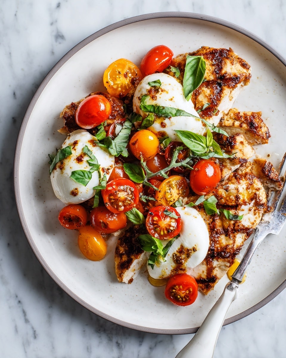 The dish shows four grilled chicken pieces placed on a white oval plate with a soft texture. Each chicken piece is topped with two layers of smooth, white mozzarella rounds. On top of the cheese, there is a colorful mix of halved red and orange cherry tomatoes scattered evenly, along with fresh green basil leaves chopped and whole. The dish has a light drizzle of olive oil and some black pepper sprinkled on top. A silver fork with a cream-colored handle rests on the left side of the plate. The plate is set on a white marbled textured surface. photo taken with an iphone --ar 4:5 --v 7