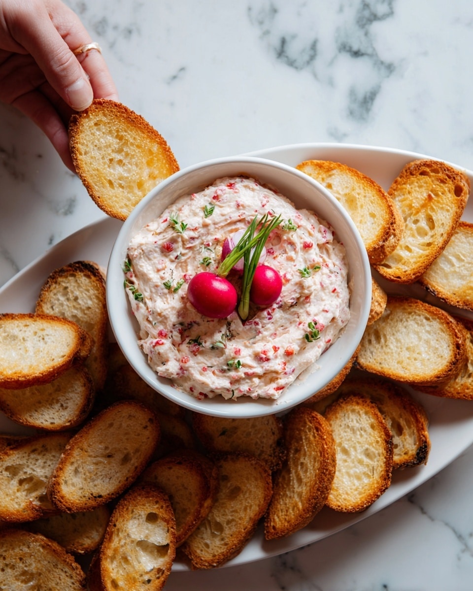 A white bowl filled with creamy spread that is pale pink and white with small red bits mixed in, topped with two small radishes with pink skin and green tops, sitting on a large white plate with ridged edges. The plate is layered with many slices of toasted bread in shades of golden brown to dark brown, each slice having holes and a crispy texture. The spread looks soft and fluffy with natural swirls showing. The whole arrangement lays on a white marbled textured surface. photo taken with an iphone --ar 4:5 --v 7
