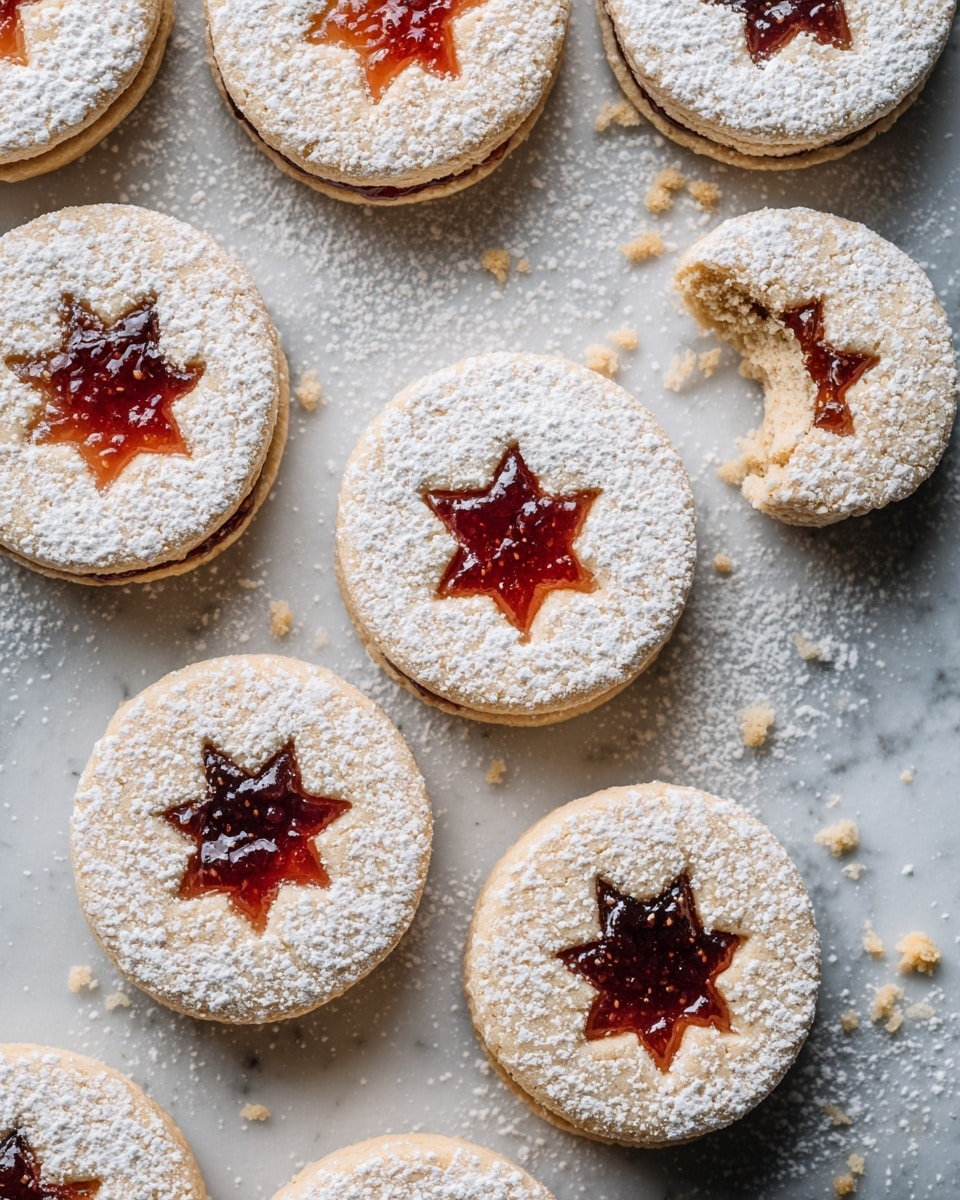 Round sandwich cookies with two layers each, made of light golden, crumbly dough dusted with powdered sugar. Each cookie has a star-shaped hole on the top layer, showing colorful jam layers underneath in shades of deep red, dark purple, and bright orange. They are arranged scattered on a white marbled surface, with some cookies stacked on top of each other and one cookie showing a bite revealing the soft jam inside. Small crumbs are scattered around the cookies, adding texture to the scene. photo taken with an iphone --ar 4:5 --v 7