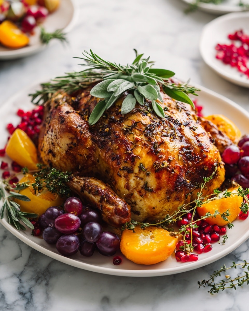 A whole roasted golden-brown chicken lies at the center of a white plate. The chicken's skin is crispy with visible seasoning and herbs on top. Around the chicken, there are green sage leaves, sprigs of rosemary, and thyme. There are also colorful slices of orange, deep red pomegranate seeds, and dark purple grapes placed around the chicken as decoration. The plate is set on a white marbled surface with blurred dishes and food items visible in the background, giving a cozy, festive feeling. photo taken with an iphone --ar 4:5 --v 7