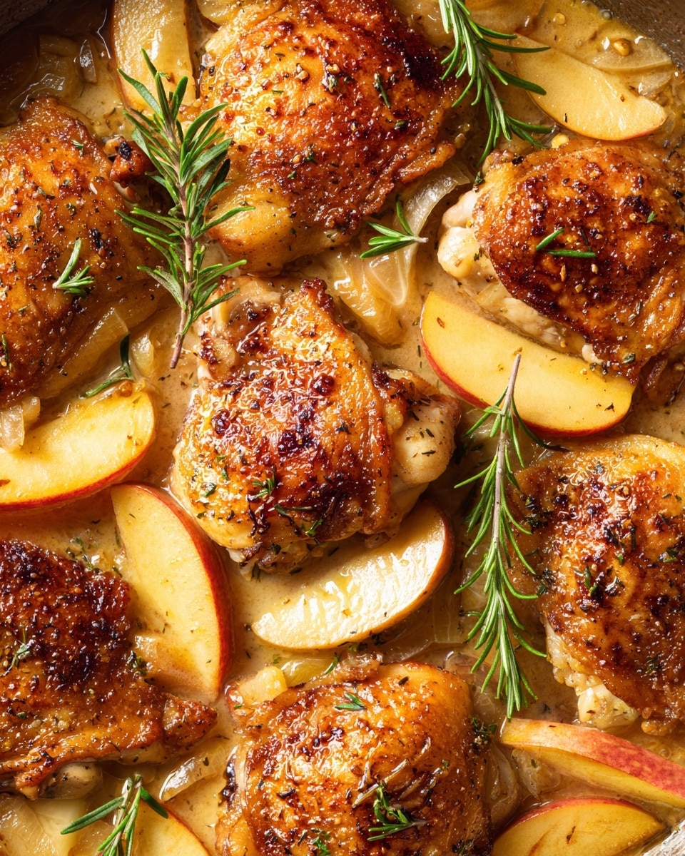 The image shows a close-up of cooked chicken thighs with several large slices of cooked apple on top. The chicken pieces are golden-brown with a slightly crispy texture and are scattered in a pan with a shiny sauce coating them. The apple slices are soft with a light golden color and patches of reddish skin. Small green rosemary sprigs are placed randomly among the chicken and apple slices, adding a touch of green contrast. The dish is set on a white marbled surface. photo taken with an iphone --ar 4:5 --v 7