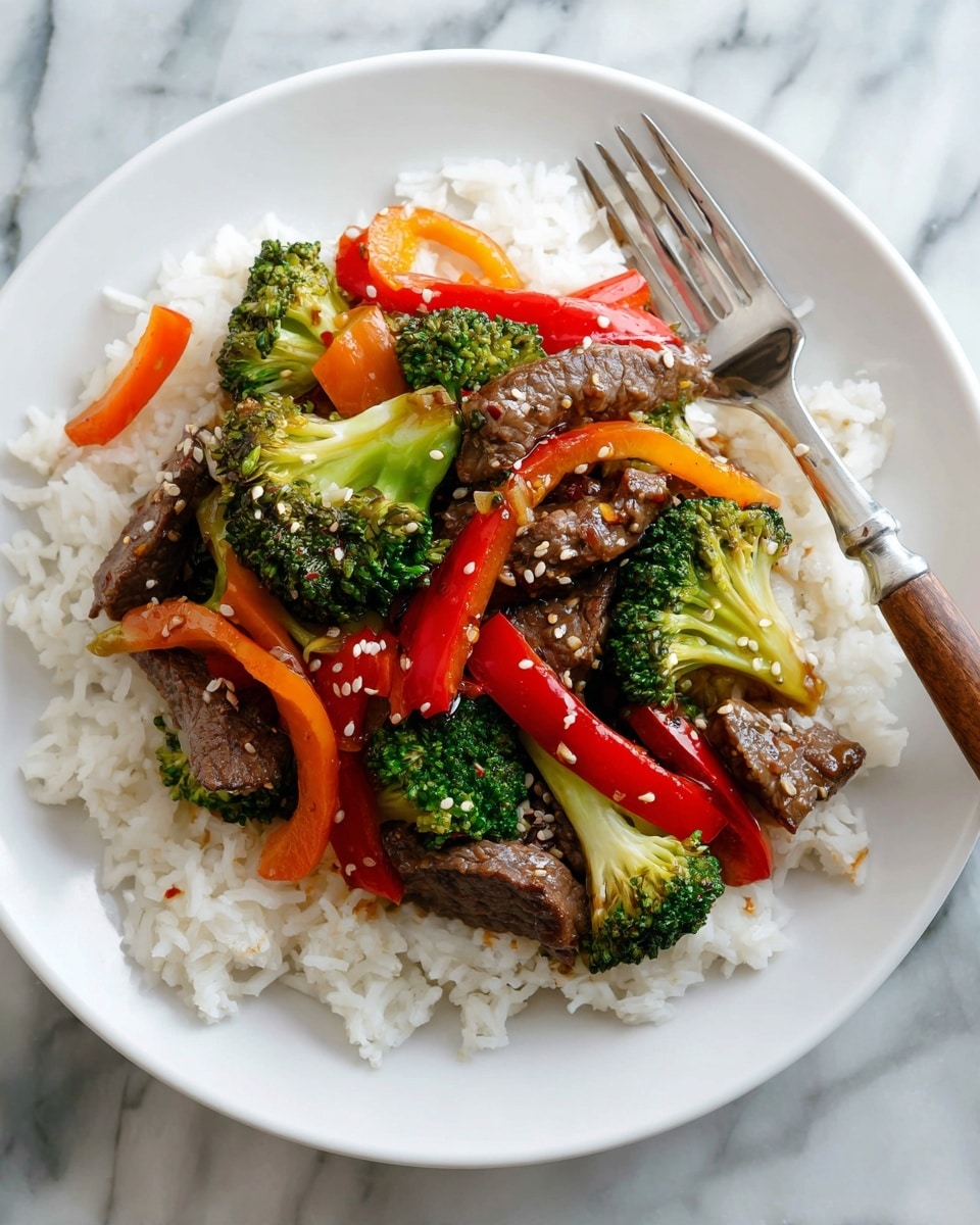 A white plate holds a dish with two layers. The bottom layer is white rice with fluffy, separate grains. The top layer is a mix of cooked beef slices, bright green broccoli florets, thin orange carrots, and red bell pepper strips, all scattered together. On top, there are light brown sesame seeds sprinkled evenly over the vegetables and beef. The plate rests on a white marbled surface with a fork having a silver head and wooden handle placed on the right side. Photo taken with an iphone --ar 4:5 --v 7