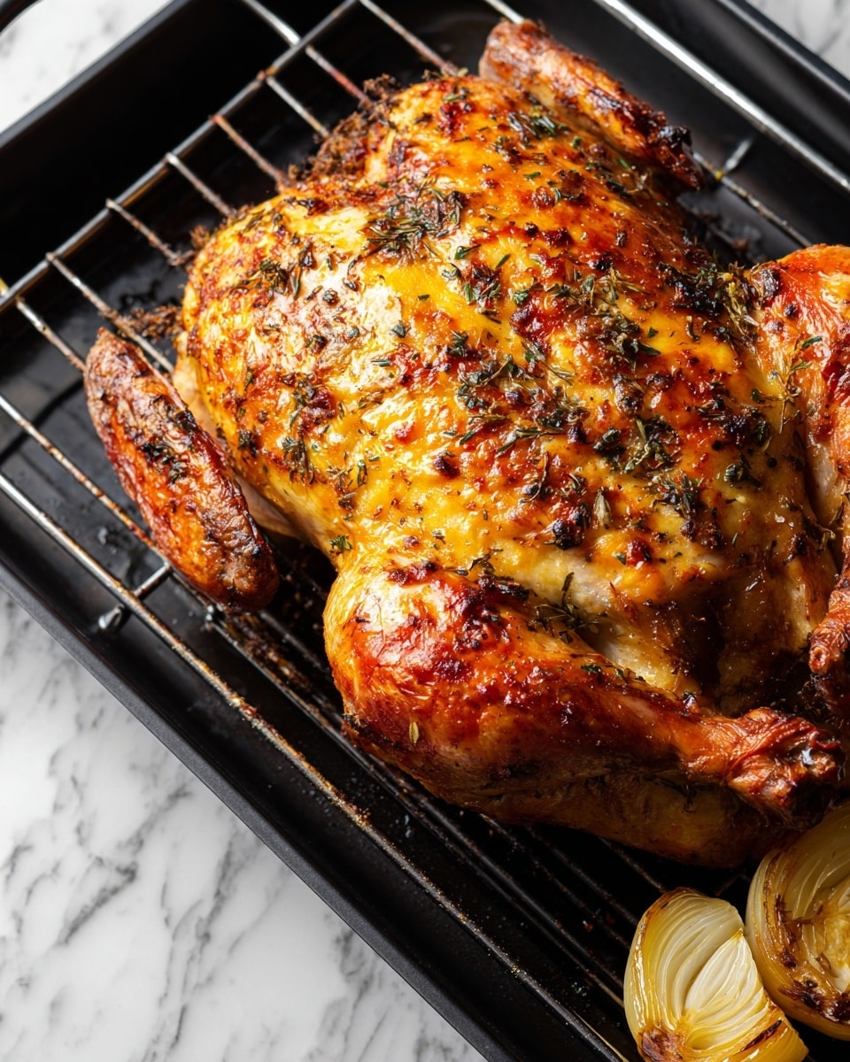 A whole roasted chicken with crispy, browned skin covered in black pepper and herbs sits on a black roasting rack inside a white pan. The chicken is positioned with the back facing up, showing the rich golden-brown color and slightly charred tips of the wings and legs. Around the chicken, there are roasted onion wedges with a light caramel color. The background is a white marbled texture. Photo taken with an iphone --ar 4:5 --v 7
