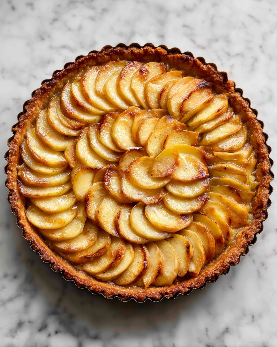 A round tart with a crispy, golden brown crust holds layers of thinly sliced apple pieces arranged in a circular pattern. The apple layers vary in color from soft yellow to light red, with the slices slightly overlapping and curved to create a textured look. The tart sits on a rustic, worn baking tray, contrasting with the warm tones of the fruit and crust. The edges of the tart are crimped and darker brown, showing a baked, crunchy texture. Photo taken with an iphone --ar 4:5 --v 7