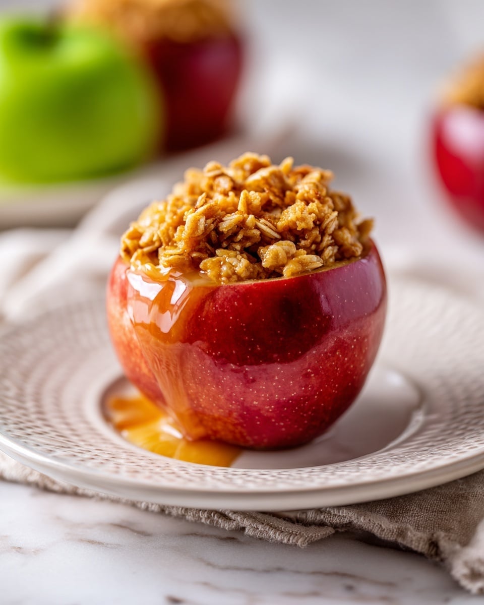 Four baked apples filled with a textured mix of oats, nuts, and cinnamon sit closely together on a clear glass tray. Each apple is deep red and wrinkled with a softened, shiny skin from cooking. The filling is golden brown with visible flakes of oats and pieces of nuts, spilling slightly over the top of the hollowed out center. The tray is placed on a white marbled surface, enhancing the warm colors of the apples and their filling. photo taken with an iphone --ar 4:5 --v 7