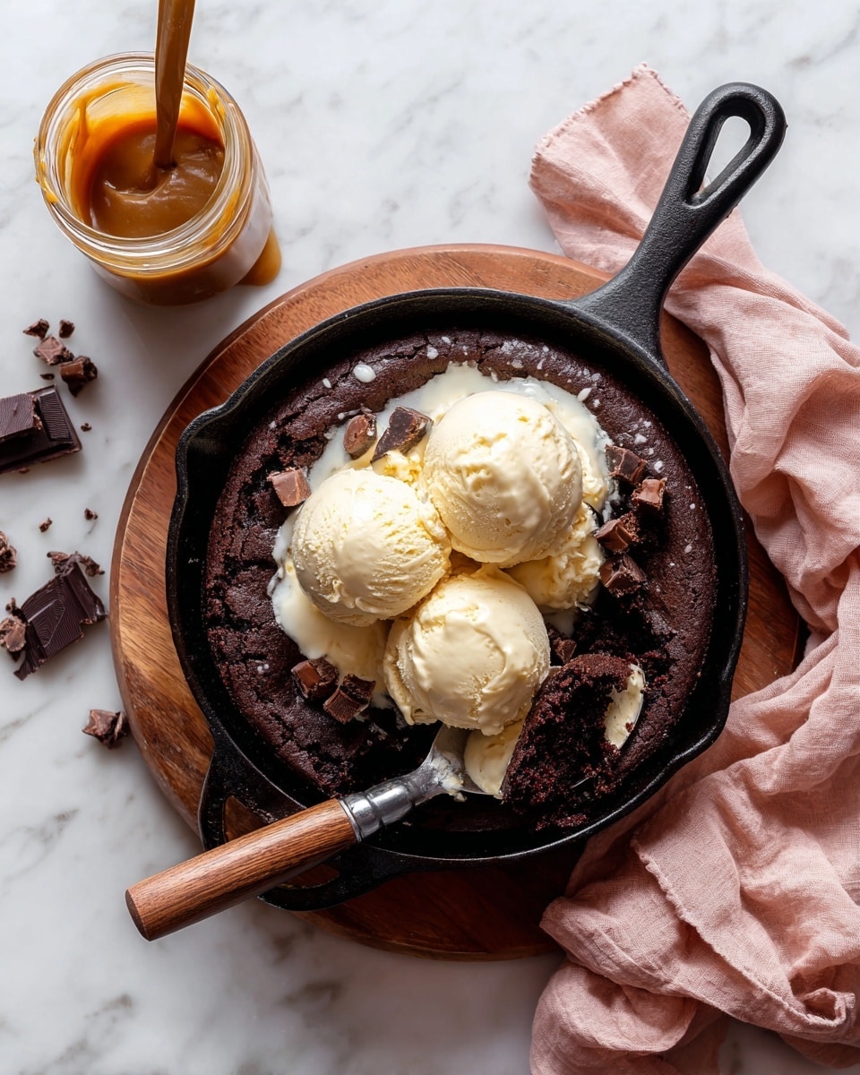 A black cast iron pan filled with a thick, dark brown chocolate dessert that has a rich, slightly cracked surface texture. On top, there are three rounded scoops of creamy white ice cream slightly melting into the dessert, with some areas showing darker melted chocolate spots. The pan sits on a wooden board on a white marbled surface, with a metal spoon with a wooden handle partially resting inside the pan. To the top right, there is a clear glass jar with a rich brown sauce with a wooden spoon inside, and a soft pink cloth is gently placed to the right. photo taken with an iphone --ar 4:5 --v 7