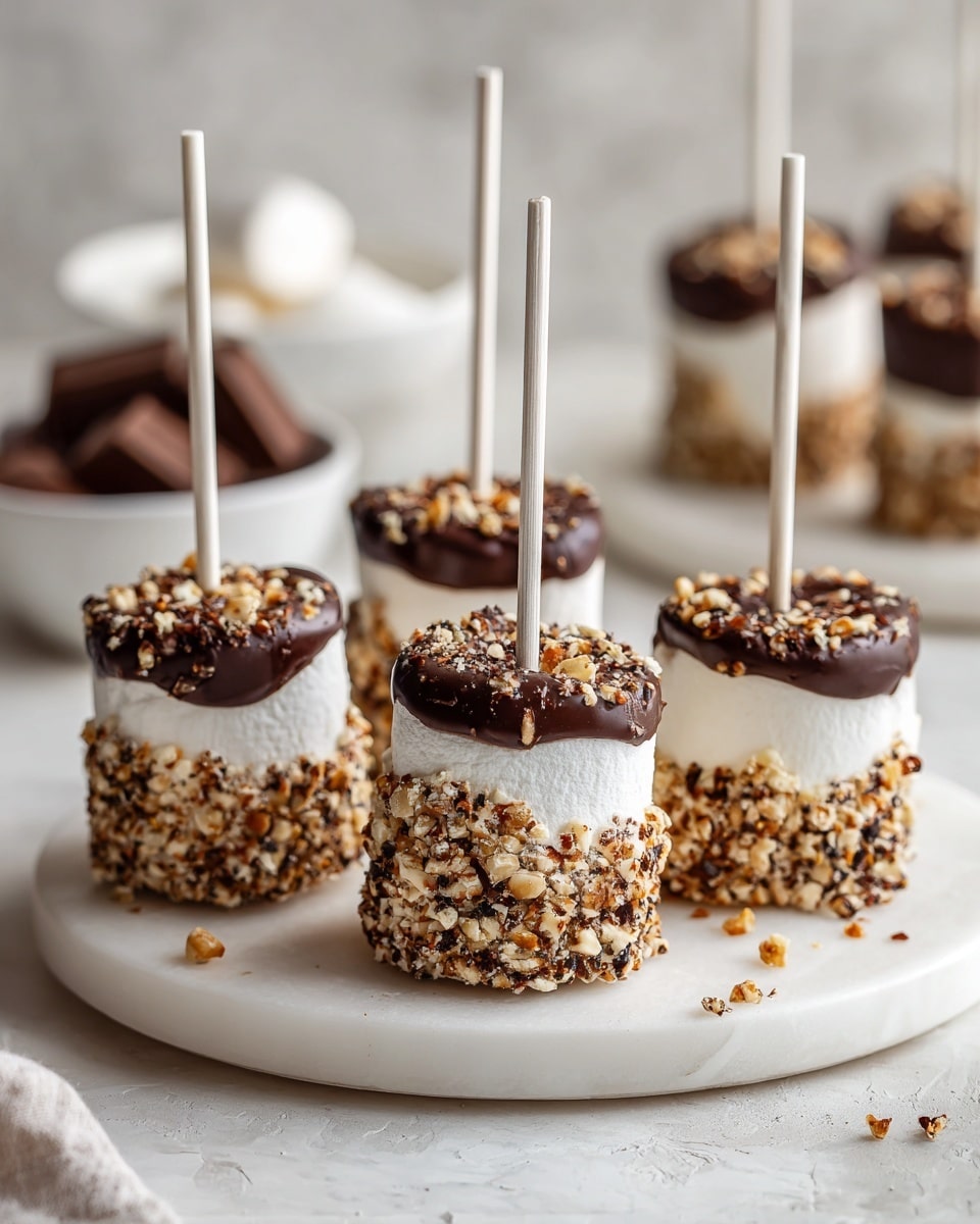 The image shows six large marshmallows standing upright on a white plate on a white marbled surface. Each marshmallow is coated with a layer of chocolate covered in crushed nuts, giving a rough, crumbly texture all around. The tops are white with smooth marshmallow showing clearly, and each has a white stick inserted into the center. In the background, there are more marshmallows and pieces of chocolate in small white bowls, slightly blurred but adding context. The colors mainly include white, light brown from the nuts, and dark brown from the chocolate. photo taken with an iphone --ar 4:5 --v 7