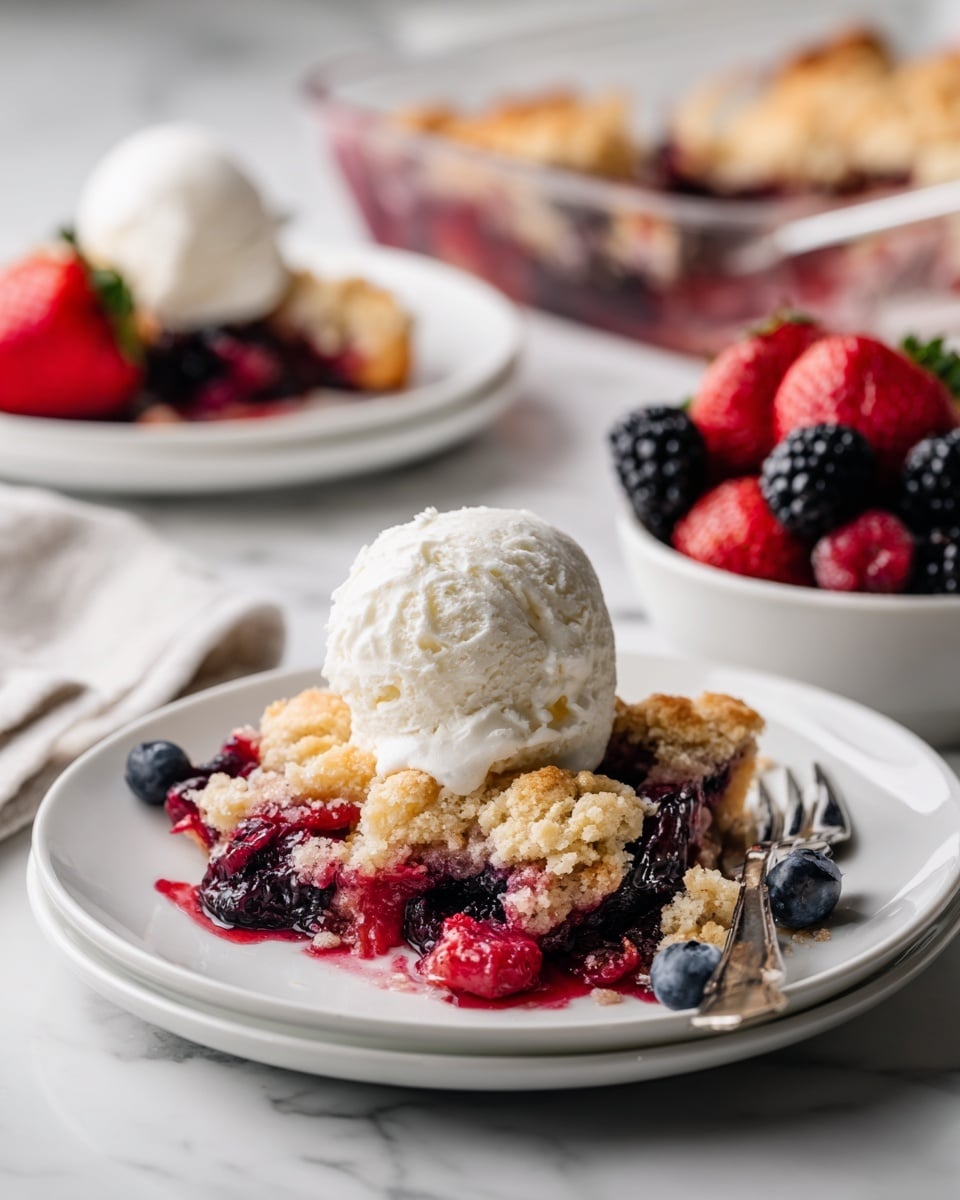 The image shows a white plate with a serving of mixed berry cobbler topped with a scoop of vanilla ice cream in the center. The cobbler has layers of deep purple and red berries, with a golden crumbly topping that looks slightly crispy. To the side, a white bowl filled with fresh strawberries, blueberries, and raspberries sits on a white marbled surface. In the background, there is a white dish with extra cobbler visible, and another white plate with a smaller serving of the cobbler topped with ice cream and a woman's hand holding a golden fork near it. photo taken with an iphone --ar 4:5 --v 7