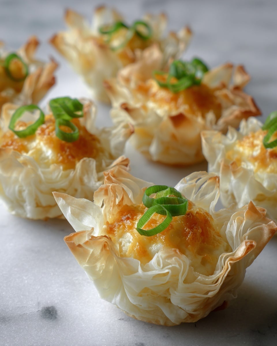 The image shows several small bite-sized cups made from crispy, light golden phyllo dough with ruffled edges. Each cup is filled with a creamy, bright orange mixture that looks soft and slightly textured. On top of each filling, there are two thin, fresh green onion slices placed as garnish. The cups are arranged on a white marbled surface, and the focus is on the front cup with the others softly blurred in the background. Photo taken with an iphone --ar 4:5 --v 7