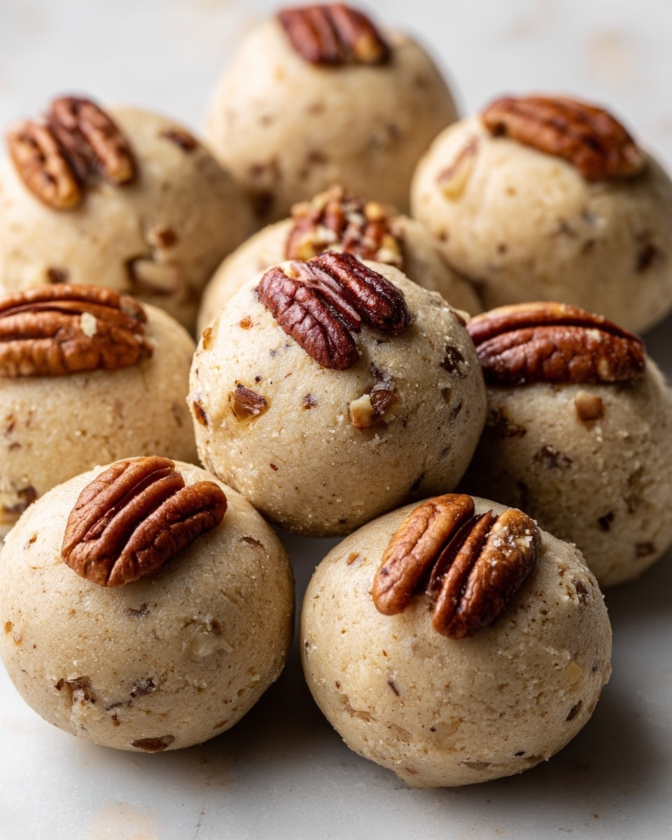 The image shows several round cookies all stacked close together. Each cookie has a light beige, slightly crumbly texture with visible small pieces of pecans mixed in. On the top center of each cookie is a whole dark brown pecan half, contrasting with the lighter dough below. The cookies look soft and thick, with uneven, natural edges that give a homemade feel. The background features a white marbled surface that brightens the scene. photo taken with an iphone --ar 4:5 --v 7