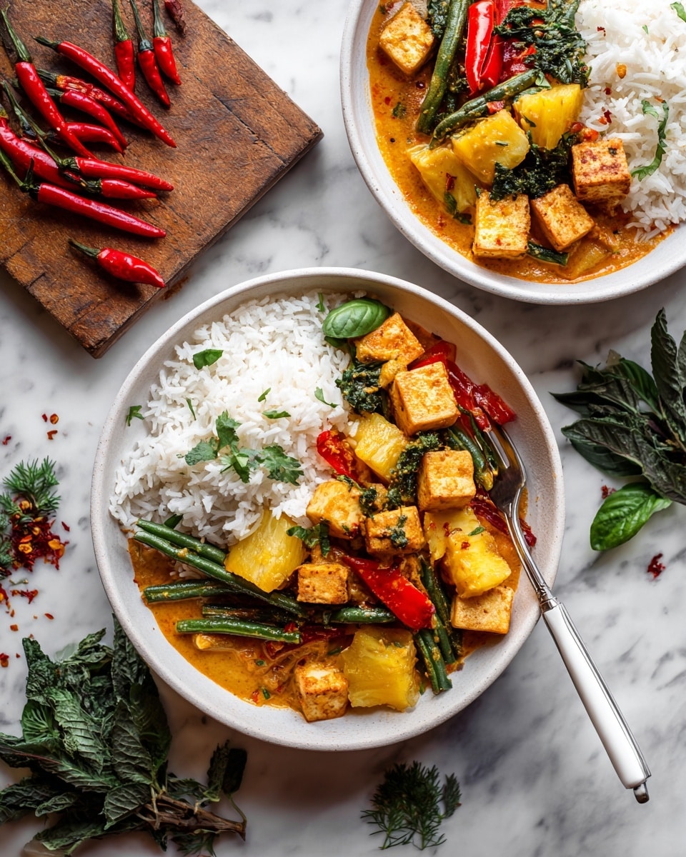 Two white bowls filled with a dish layered with white rice on one side and a vibrant curry on the other. The curry contains orange cubes of tofu, green long beans that lie across the bowl, and slices of red bell pepper. Fresh green herbs like cilantro and basil rest on top of the rice and curry, adding a fresh touch. A fork sits inside the top bowl on the right side. The bowls rest on a white marbled surface alongside a wooden cutting board on the upper left with red chili peppers and green basil leaves. Fresh cilantro and a halved lime are on the lower right side of the frame. Photo taken with an iphone --ar 4:5 --v 7