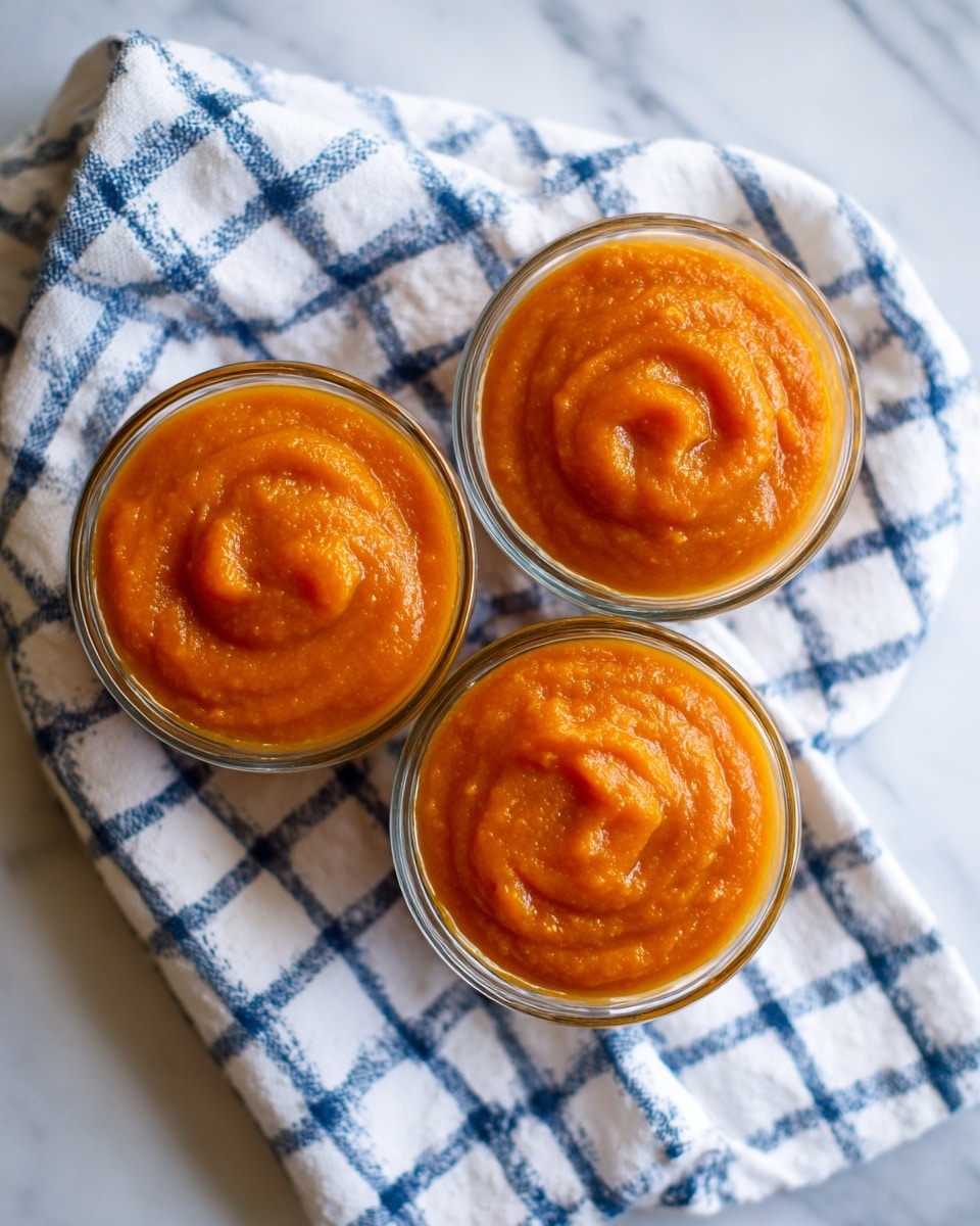 The image shows a food processor on a white marbled surface with a white and blue checkered cloth underneath. Inside the clear bowl of the food processor, bright orange cooked sweet potato chunks fill the container, slightly mashed with a rough texture. The second frame shows the same food processor with the sweet potatoes blended into a smooth, even bright orange puree, filling the bowl with a creamy surface surrounding the central white blender blade. Photo taken with an iphone --ar 4:5 --v 7