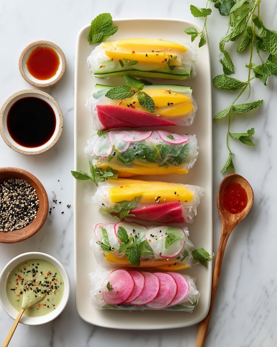 This image shows a neatly arranged white plate and bowls on a white marbled surface. On the left side, there is a white bowl filled with soft, flat, white rice noodles. Above it are curved green cucumber slices placed next to several pink and white watermelon radish slices arranged in a fan shape. To the right of the radishes are peach slices with an orange-yellow color. Fresh green mint and basil leaves are spread between the ingredients, adding a leafy texture. On the right side, there is a white bowl filled with a pale green basil coconut sauce with a small wooden spoon inside. Below this bowl, there are several rectangular white tofu slices stacked on a white scalloped plate, garnished with basil leaves. The whole setup looks fresh and colorful. Photo taken with an iphone --ar 4:5 --v 7