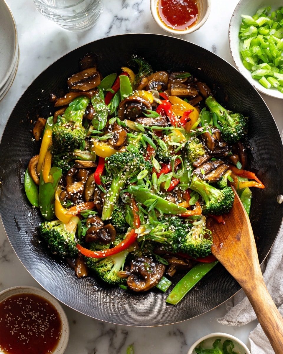 A wooden board rests on a white marbled surface, holding a mix of vegetables: whole brown mushrooms clustered on the top right, sliced bright orange carrots fanned out in the middle, a whole red bell pepper placed near the carrots, and yellow bell pepper slices on the far right. To the bottom right of the board, a white bowl is filled with fresh green snap peas. Below the board, a white bowl holds chopped green broccoli florets. Above the board, three green onions lay diagonally with their white roots visible. A small glass jar with a yellow spoon inside holds a reddish-brown sauce with visible spices on the left side of the board. Near the jar, a wooden-handled knife with a silver blade rests on the white marbled surface, and a black frying pan with a wooden spoon inside is partly visible at the top. Photo taken with an iphone --ar 4:5 --v 7