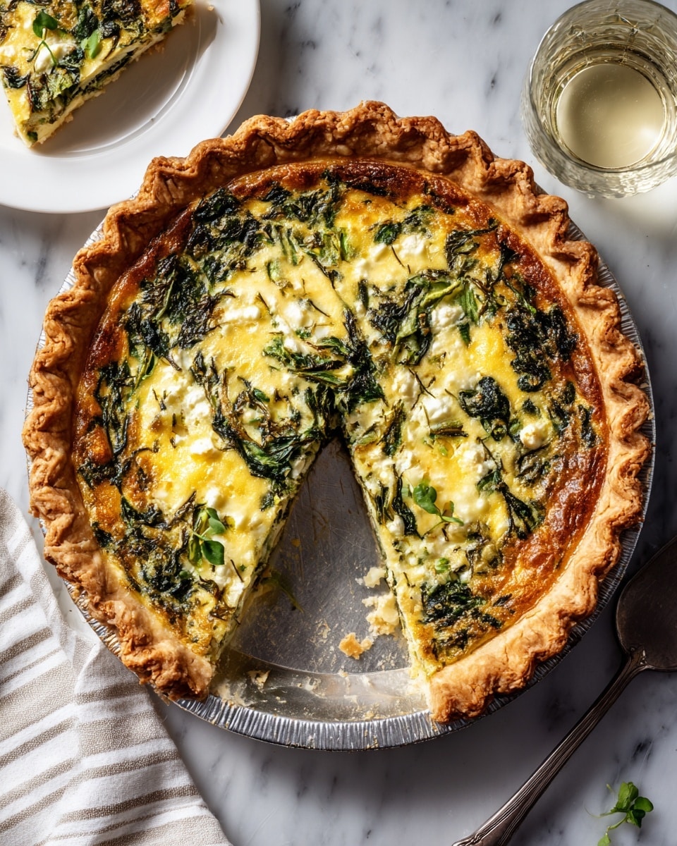 The image shows a white pie crust in a white pie pan with a scalloped edge, placed on a white marbled surface. To the right is a large bowl filled with fresh, bright green spinach leaves that have a smooth texture and some shine. Below the bowl are several green onions with white bases and long green stalks lying diagonally across the surface. Next to the green onions is a small white bowl holding six brown eggs with smooth shells. On the left side of the image, there is a small white plate with a block of crumbly white cheese and some cheese crumbs around it. A small clear jar with white liquid, likely cream or milk, sits between the cheese and onions. At the bottom right corner is a tiny white bowl filled with coarse black pepper. The overall setup appears clean and fresh with a soft natural light. photo taken with an iphone --ar 4:5 --v 7