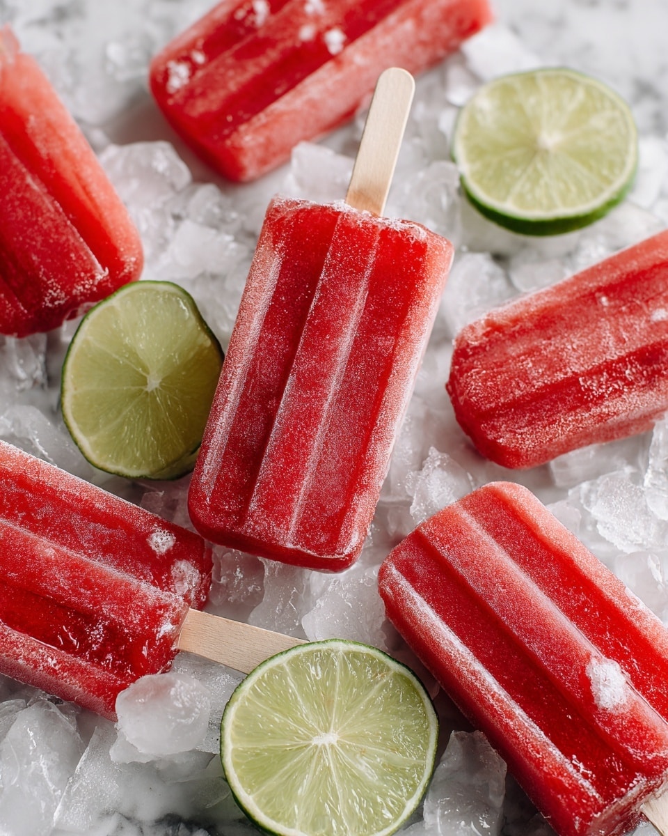 A clear blender container filled with medium-sized cubes of bright red watermelon. The blender is placed on a black base set on a white marbled surface. Around the blender, there are squeezed lime halves with a green outer skin and pale green insides scattered to the left. At the bottom left corner, there is a watermelon rind showing the red flesh side and green outer skin, with a few small cubes of watermelon on the marbled surface nearby. To the top right, there is a black ice cube tray with white ice cubes visible. The overall scene is bright and fresh, with soft natural light. Photo taken with an iphone --ar 4:5 --v 7