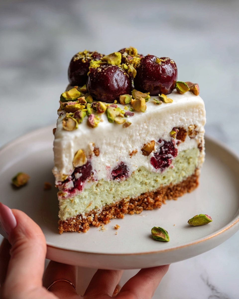 A slice of creamy cheesecake with four layers sits on a white plate with a thin brown rim over a white marbled background. The bottom layer is a light brown crumbly crust. Above it is a green pistachio mix, visible with small nut bits. The third layer is thick and white, smooth and soft with some red cherry sauce streaks and pieces mixed in. The top layer has glossy dark red whole cherries and green pistachio pieces scattered evenly on the white creamy surface, with shiny cherry sauce drizzled around the edges. Small cookie crumbs and a few pistachios are placed near the slice on the plate. photo taken with an iphone --ar 4:5 --v 7