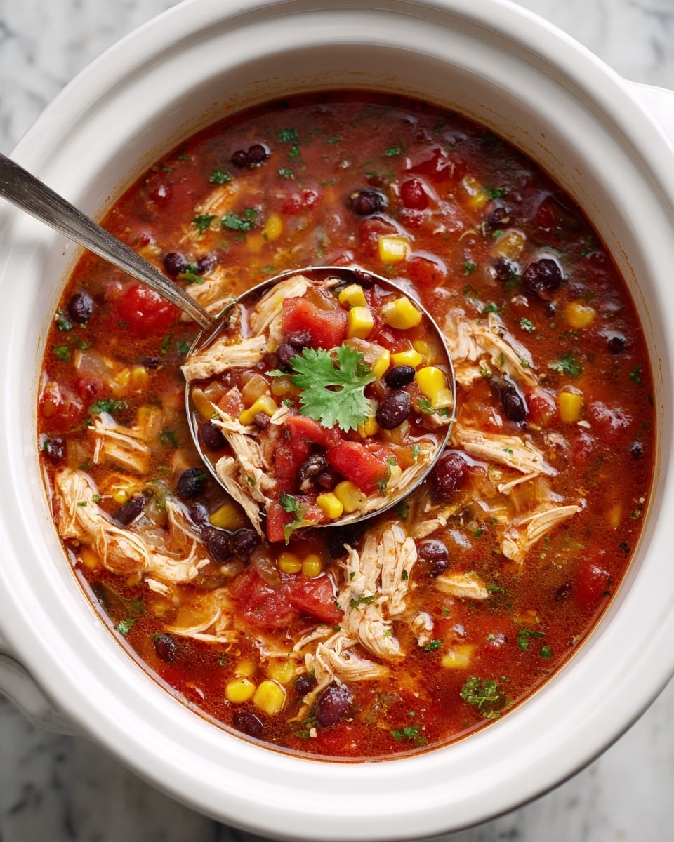 A close-up view of a slow cooker filled with a thick soup that has three main layers: shredded light brown chicken pieces, bright yellow corn kernels, and black beans scattered throughout a rich, dark red broth with bits of green and red vegetables mixed in. Fresh green cilantro leaves are sprinkled on top for a touch of color, and a large metal ladle is partially dipped into the soup, holding a scoop with visible chicken, corn, black beans, and cilantro. The slow cooker is white, sitting on a white marbled surface. A woman's hand is holding the ladle handle. Photo taken with an iphone --ar 4:5 --v 7