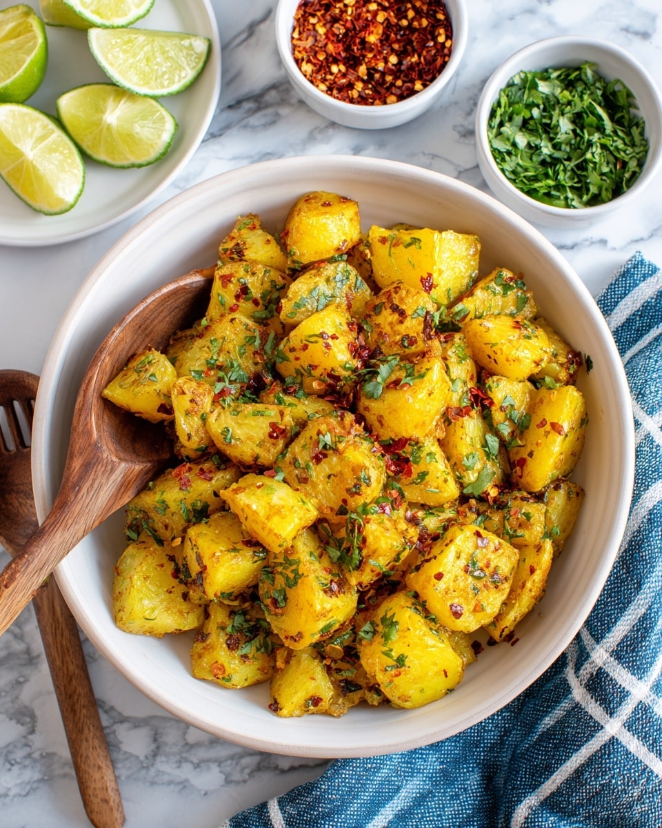 The image shows a white bowl filled with golden roasted potato chunks. Each potato piece has a slightly browned, crispy texture on the edges, with bright green herbs and red chili flakes sprinkled over them evenly, adding a colorful contrast. A wooden spoon sits inside the bowl, ready to serve. In the background, there are small white bowls with chopped green herbs and red chili flakes. The bowl is placed on a white marbled surface with a striped blue and yellow cloth beneath it, and a white plate with lime wedges is partially visible on the side. photo taken with an iphone --ar 4:5 --v 7