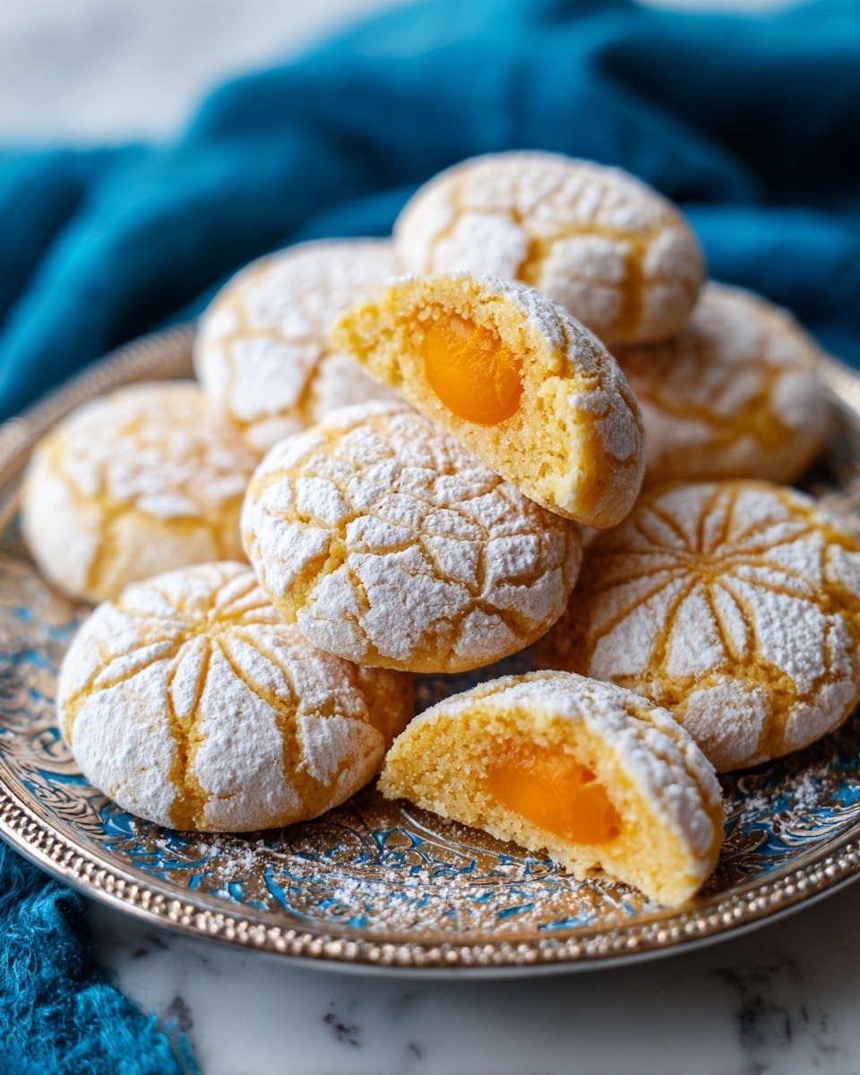 The image shows round cookies with a detailed swirl pattern on top, dusted with white powdered sugar. One cookie is broken in half, revealing an inner layer of orange jam or filling inside. The cookies are placed on a round silver tray with subtle texture, set on a white marbled surface. The cookies have a golden brown color with a slightly crumbly texture. Photo taken with an iphone --ar 4:5 --v 7