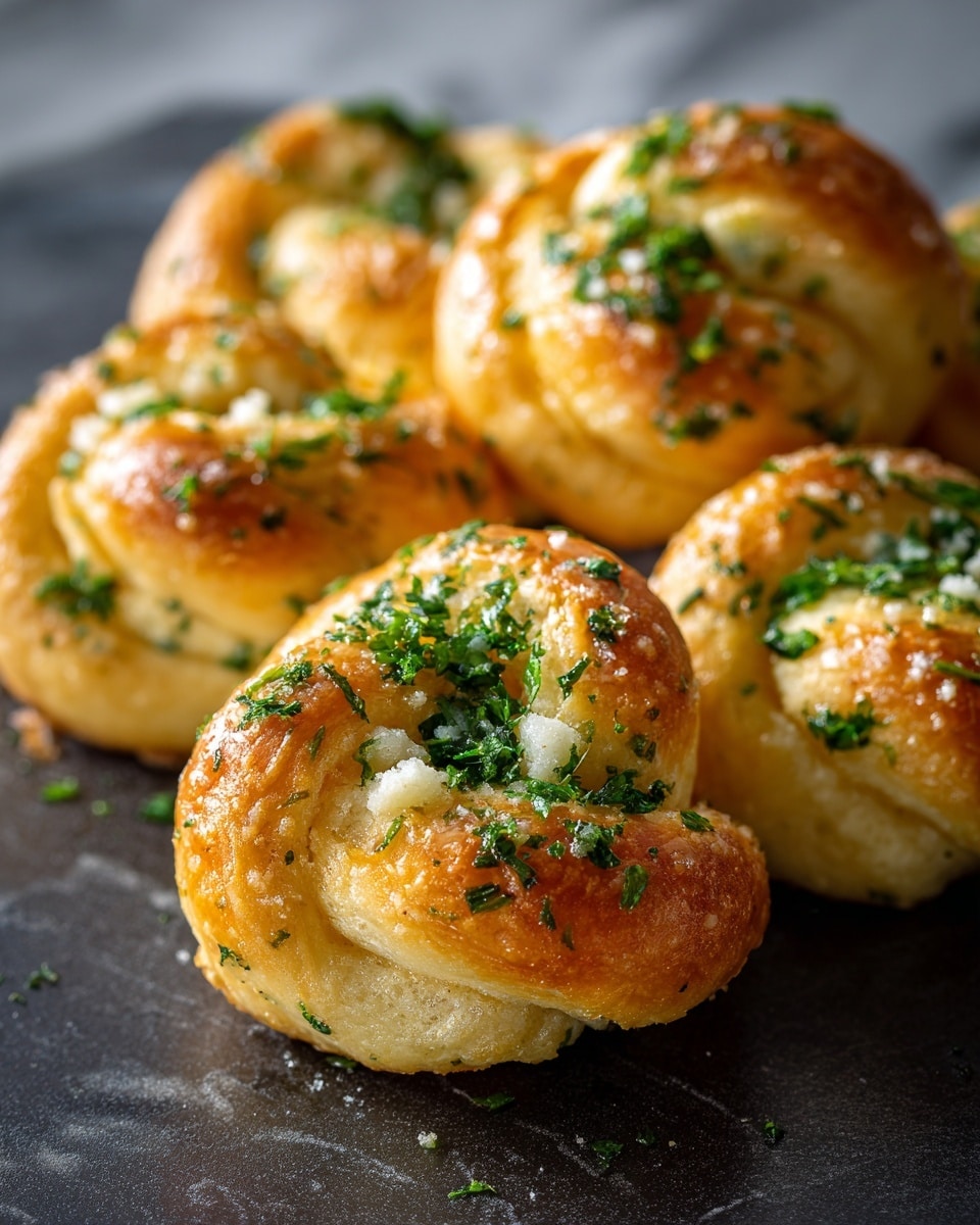Several golden brown garlic knots are resting close together on a dark surface. Each knot has a soft, slightly shiny texture with small flecks of chopped green parsley and bits of minced garlic on top. The knots have a twisted shape with smooth curves and some visible folds, showing a soft dough interior under the lightly browned crust. The white marbled background contrasts softly with the warm color of the bread. photo taken with an iphone --ar 4:5 --v 7