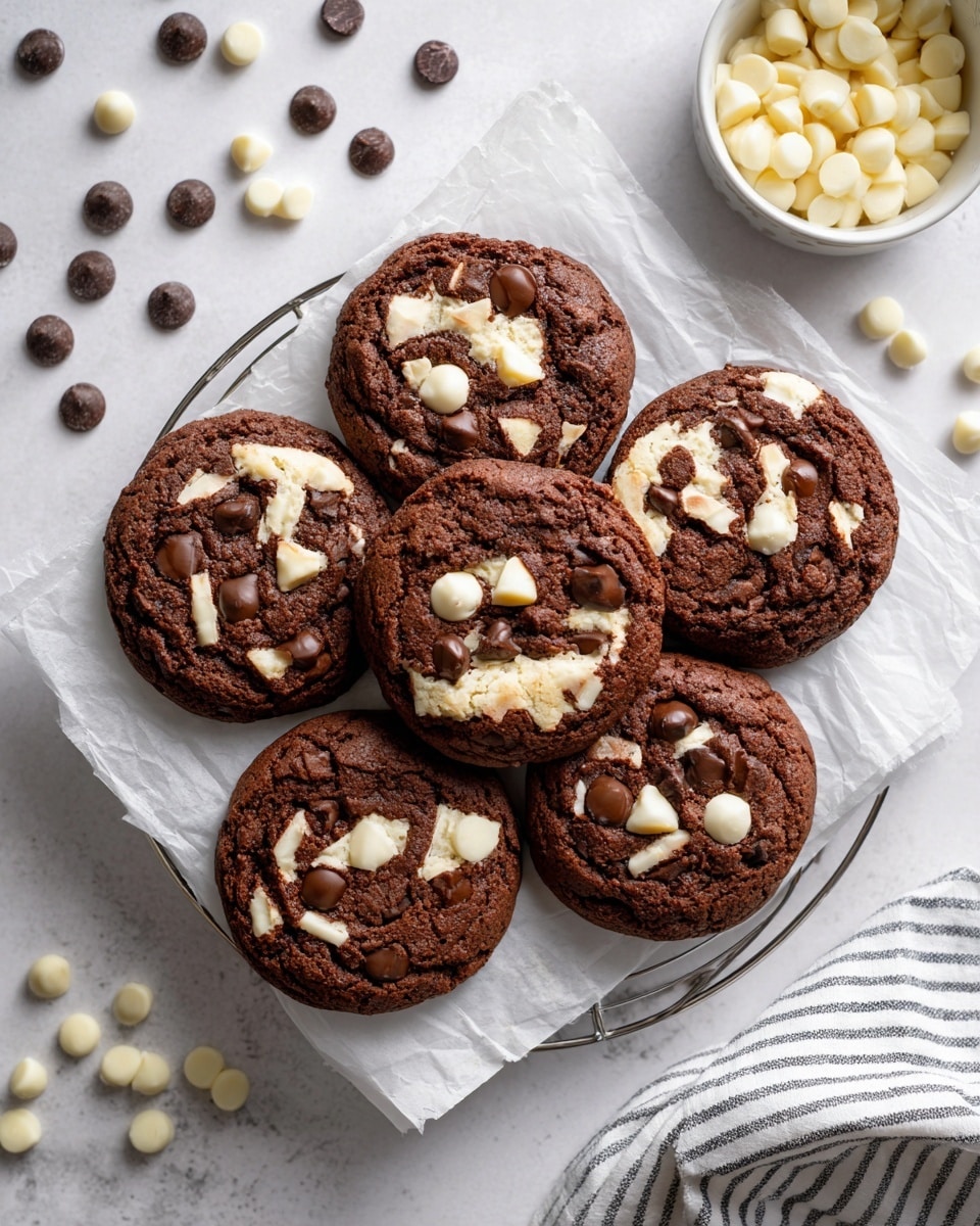 Six round chocolate cookies sit on a white parchment paper over a metal cooling rack. Each cookie is thick with a soft texture and scattered with large, glossy dark brown and white chocolate chips on top. The background is a white marbled surface with some chocolate chips and a white bowl holding white chocolate chips partially visible. The cookies are arranged closely, showing their rich, slightly cracked tops and the mix of white and dark chocolate pieces embedded evenly across each cookie. photo taken with an iphone --ar 4:5 --v 7