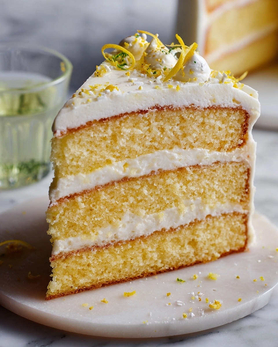 The image shows a stack of three cake slices on a white plate, placed on a white marbled surface. Each slice has two layers: a golden brown, moist cake base with a soft, crumbly texture, topped with a thick layer of creamy white frosting that is slightly spread out and smooth. The top slice is decorated with small white candy balls and thin curls of bright yellow lemon zest scattered on the frosting. In the background, there is a clear glass filled with pale yellow liquid. The photo taken with an iphone --ar 4:5 --v 7