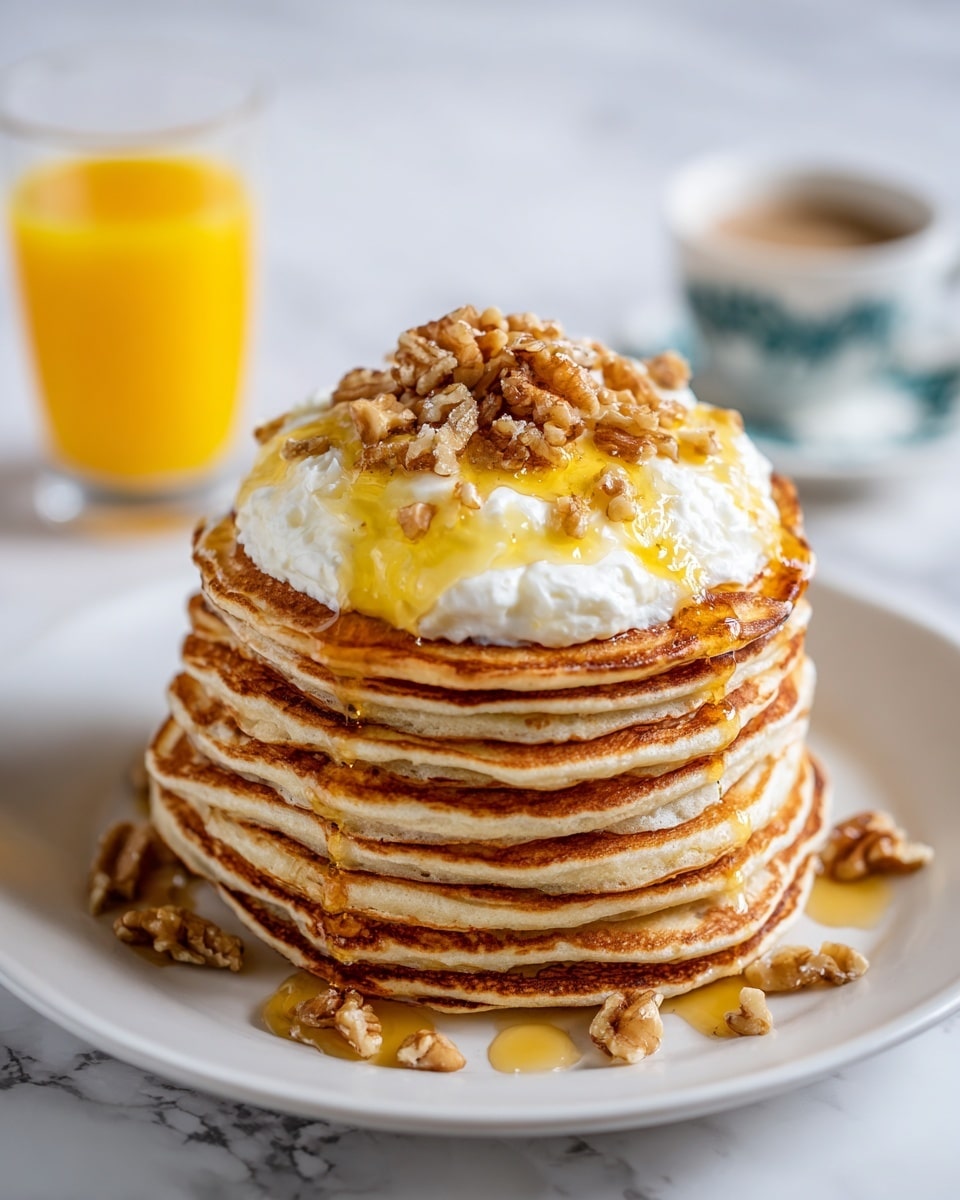 A tall stack of eight thick, golden brown pancakes sits on a white plate, each pancake textured with small bubbles and slightly darker edges. On top, there is a soft dollop of white cream layered with a drizzle of shiny, amber syrup that cascades down the sides of the stack in thin streams. Scattered on the cream are small pieces of light brown walnuts, adding a crunchy texture. The plate rests on a white marbled surface, and in the background, a glass of bright orange juice and a white cup with blue edges are softly out of focus. Photo taken with an iphone --ar 4:5 --v 7