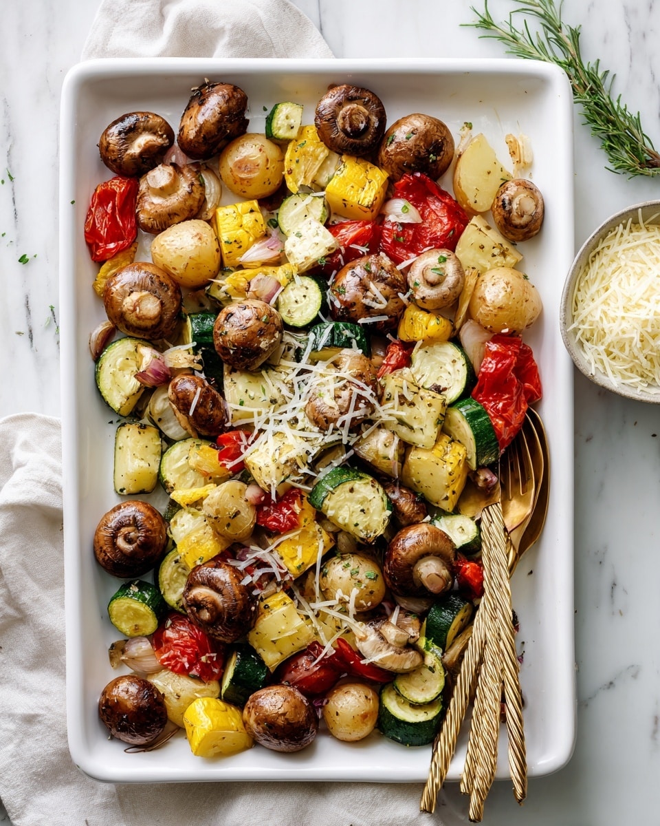 A tray filled with several layers of roasted vegetables, including light brown small potatoes with wrinkled skins, dark brown whole mushrooms, large green chunks of zucchini with grill marks, bright red roasted cherry tomatoes, and off-white pieces of roasted garlic. The vegetables are sprinkled with white grated cheese and red chili flakes. On the upper right corner of the tray, two shiny golden spoons rest on the vegetables. The tray is set on a white marbled surface, with a small white bowl filled with grated cheese visible on the side. photo taken with an iphone --ar 4:5 --v 7